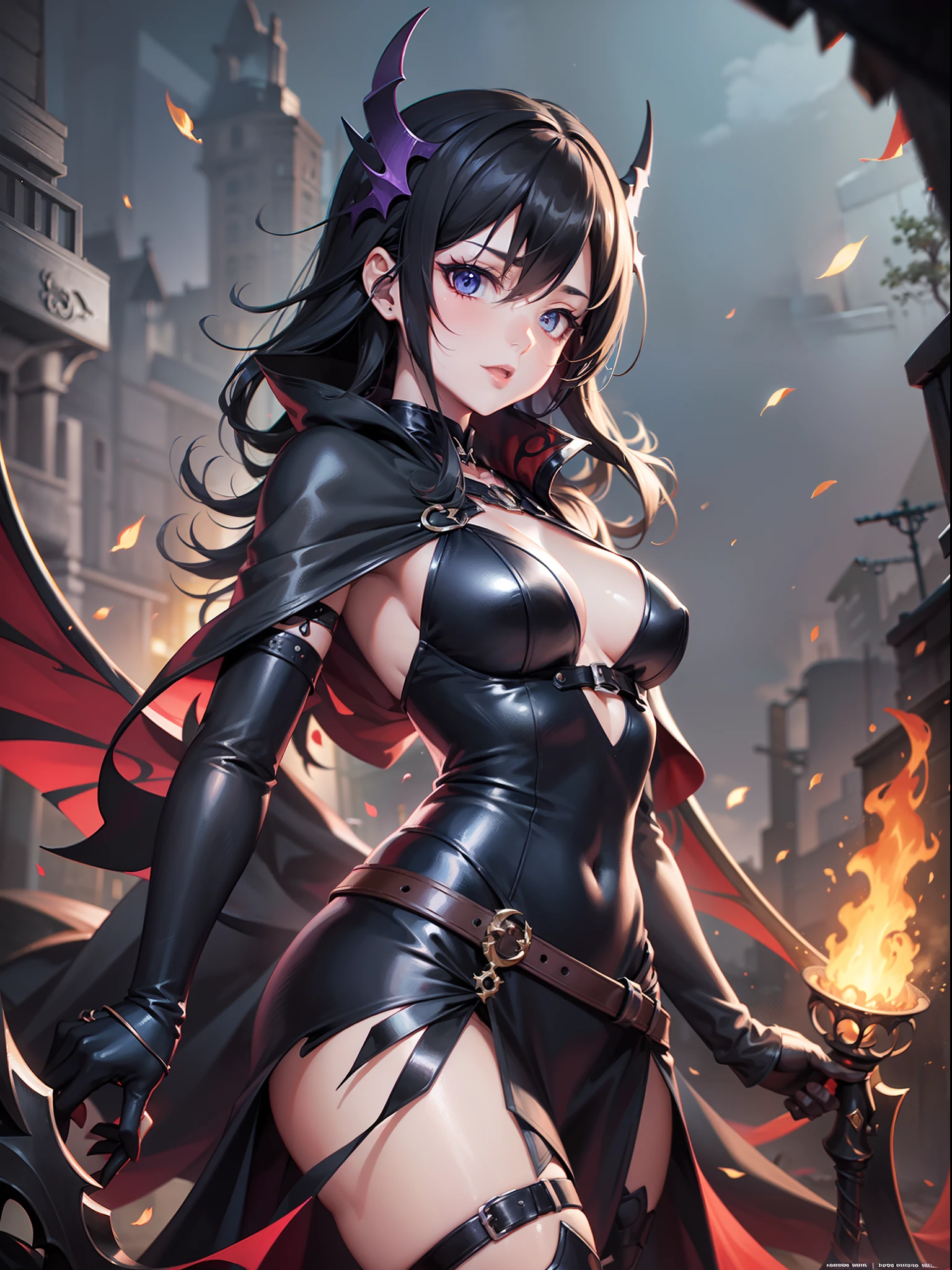 ((Finest quality)),(超A high resolution),(ultra-detailliert),((Best Anime)),sharpnes,Vivid:1.1,The art of astounding depiction,Fantasyart,Fantastic background,creepy atmosphera:1.6,hellfire:1.2, (Female Grim Reaper,)Thin laughter:1.4,Dark eyes:1.1 dirty black robe:1.6,Deathscythe:1.6