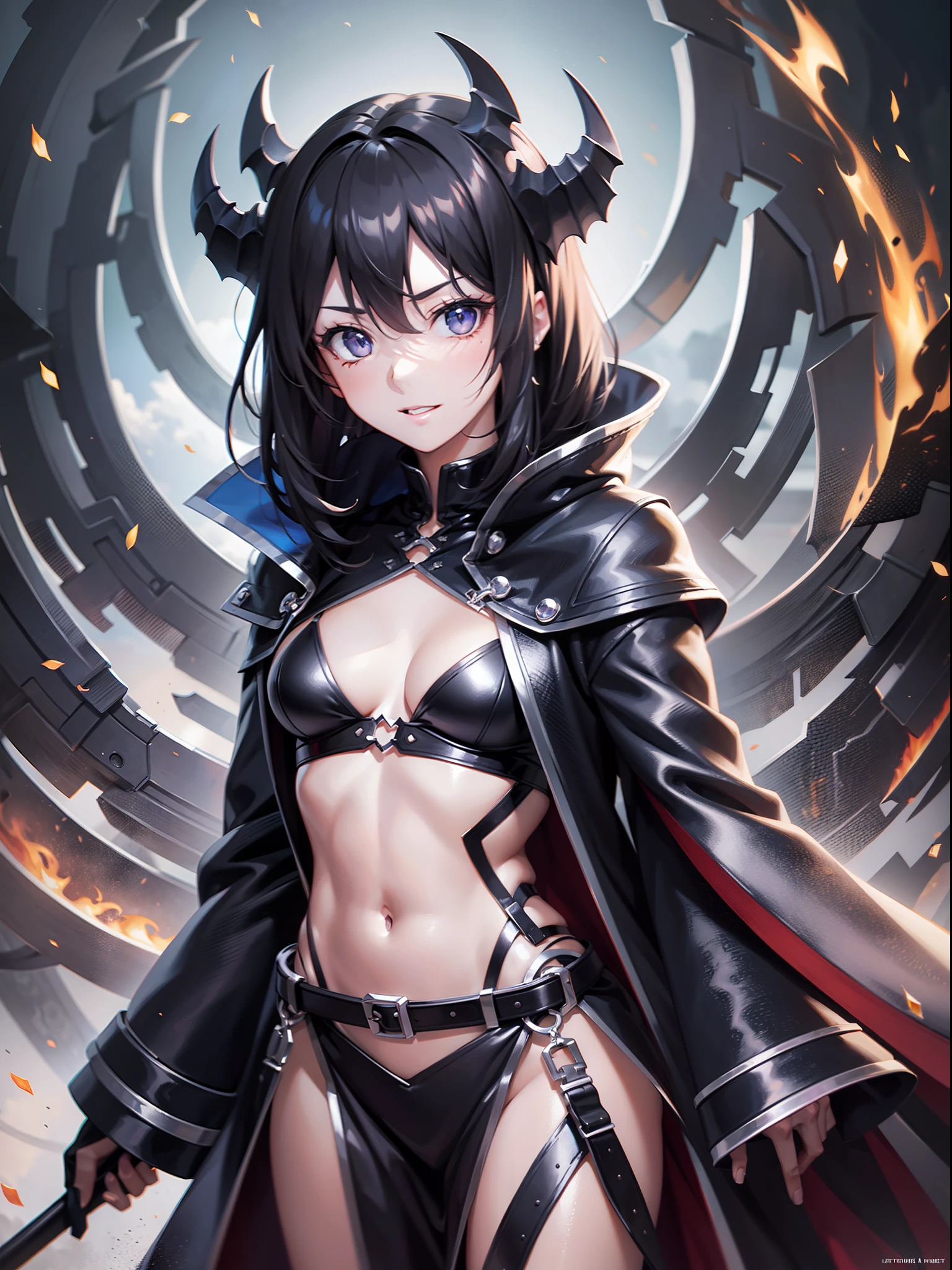 ((Finest quality)),(超A high resolution),(ultra-detailliert),((Best Anime)),sharpnes,Vivid:1.1,The art of astounding depiction,Fantasyart,Fantastic background,creepy atmosphera:1.6,hellfire:1.2, (Female Grim Reaper,)Thin laughter:1.4,Dark eyes:1.1 dirty black robe:1.6,Deathscythe:1.6