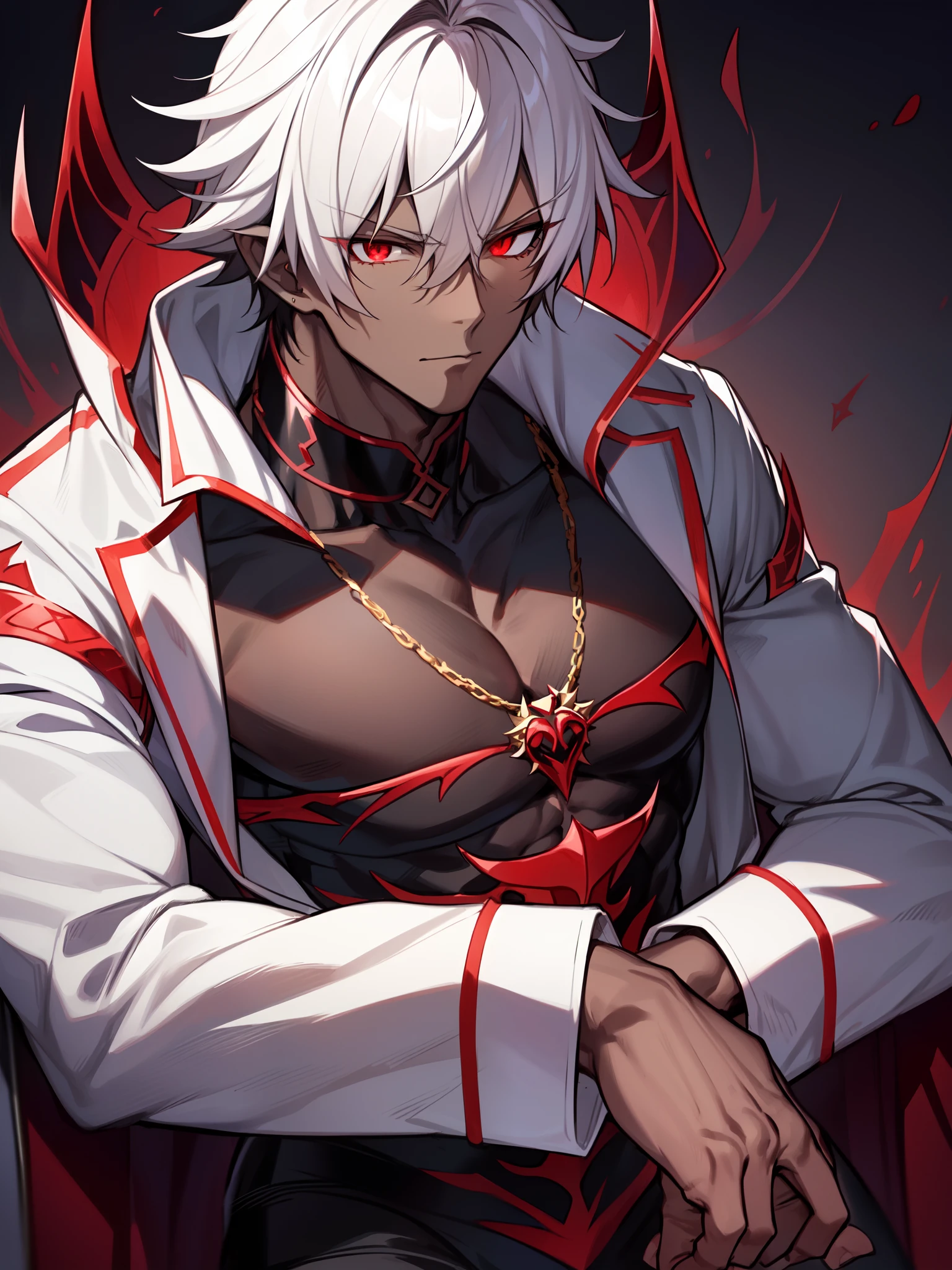 "Stunningly detailed anime sketch of a solo ((muscular)) ((handsome)) ((dark-skinned)) demon boy with short white hair and red eyes. He exudes maturity and has striking red and black crown-like horns. Dressed in demonic fantasy clothes, including a black capelet and a red and black demonic aura, he resembles a dark prince."
