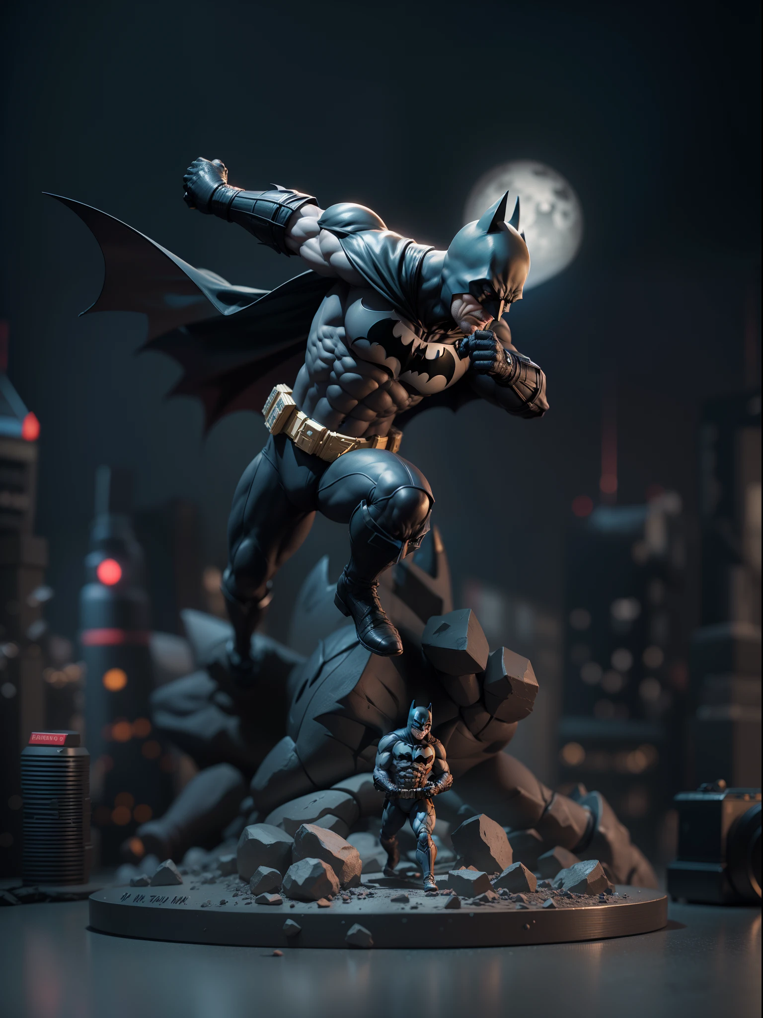 A batman, intense fight scene, 3D model figure, toy, gray background, studio soft lights, 3d moon figure, 3D toys model, best quality, ultra detailed, masterpiece collection, picture click by sony a7 iv camera, 16K UHD resolution, extremely detailed, blurred background