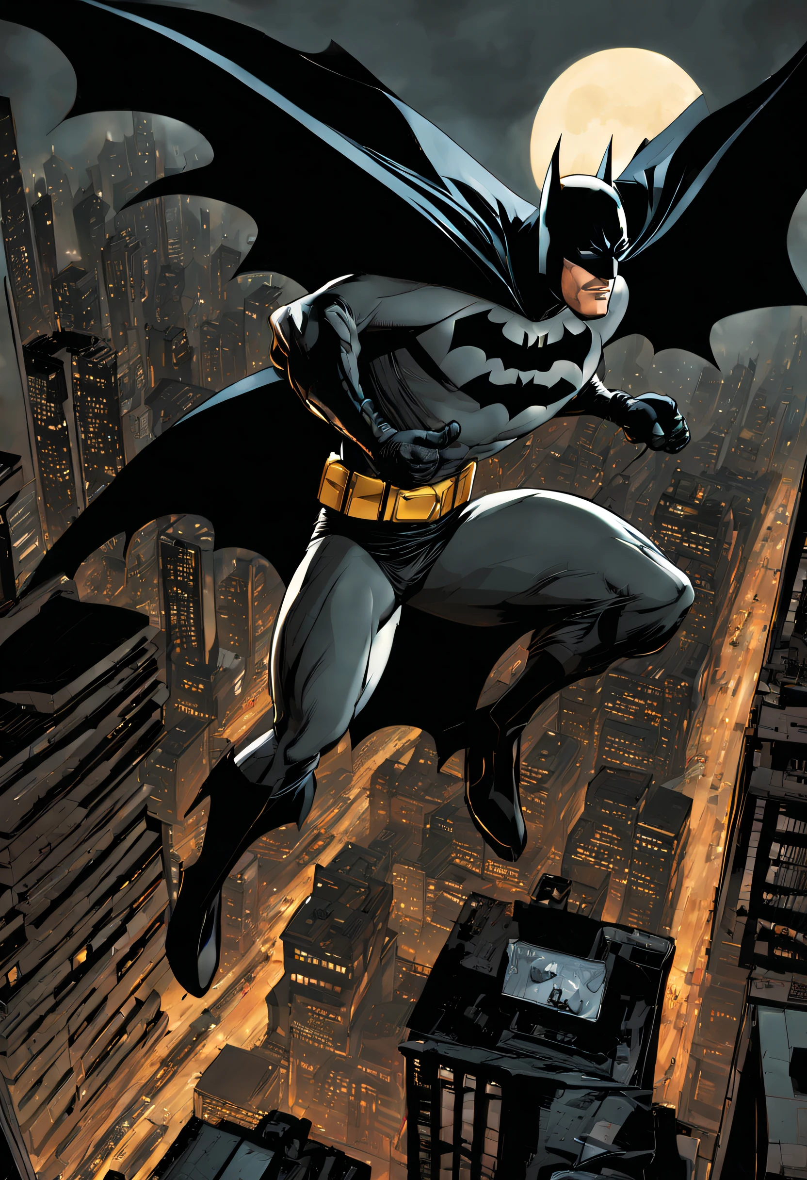 batman, bat signal, action scenes, dynamic poses, dark and gritty atmosphere, Gotham City, Batman's cowl and cape, detailed muscles and contours, shadows and lights, intense facial expressions, iconic villains, suspenseful storytelling, perspective and angles dramatic, iconic Batmobile, skyline city, rich color palette, cinematic lighting, inked lines, detailed backgrounds, graphic novel style, dynamic panel transitions, dramatic sound effects, Batman utility belt, iconic logo, detailed rendering, surfaces textured, atmospheric cityscape, expertly designed illustrations, attention to detail, dramatic storytelling, iconic poses, expressive hand gestures, wide range of emotions, intense fight scenes, dramatic page layouts, dramatic shadows and lights, captivating composition, dimensional characters, intricate inks, visually striking splash panels, harsh and dark undertones, intense action. sequences, narrative subtitles)