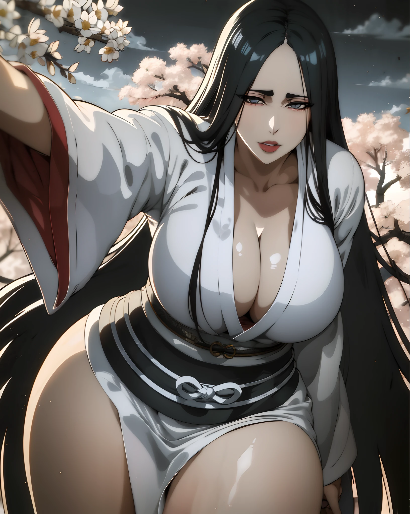 Solo,cleavage, haori, thick thighs, outstanding details, blood,big breasts , moon , kimono, parted lips, standing up,huge boobs,big ass,over size breasts,dog style