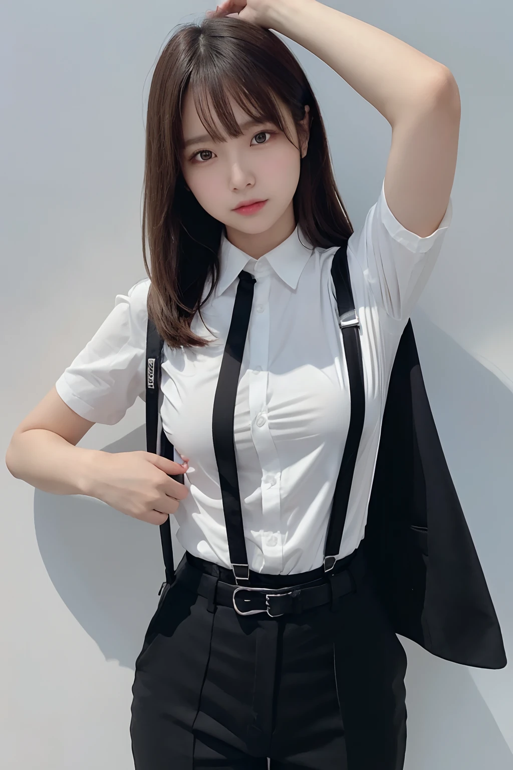 masterpiece、flat-colors、depth of fields、lens flare 1 girl、、Brown hair、watching at viewers a belt black suspenders Social OL Too large breasts Armpit sweat perspiring Side of both hands walls: Black Suit Black pants, Black jacket