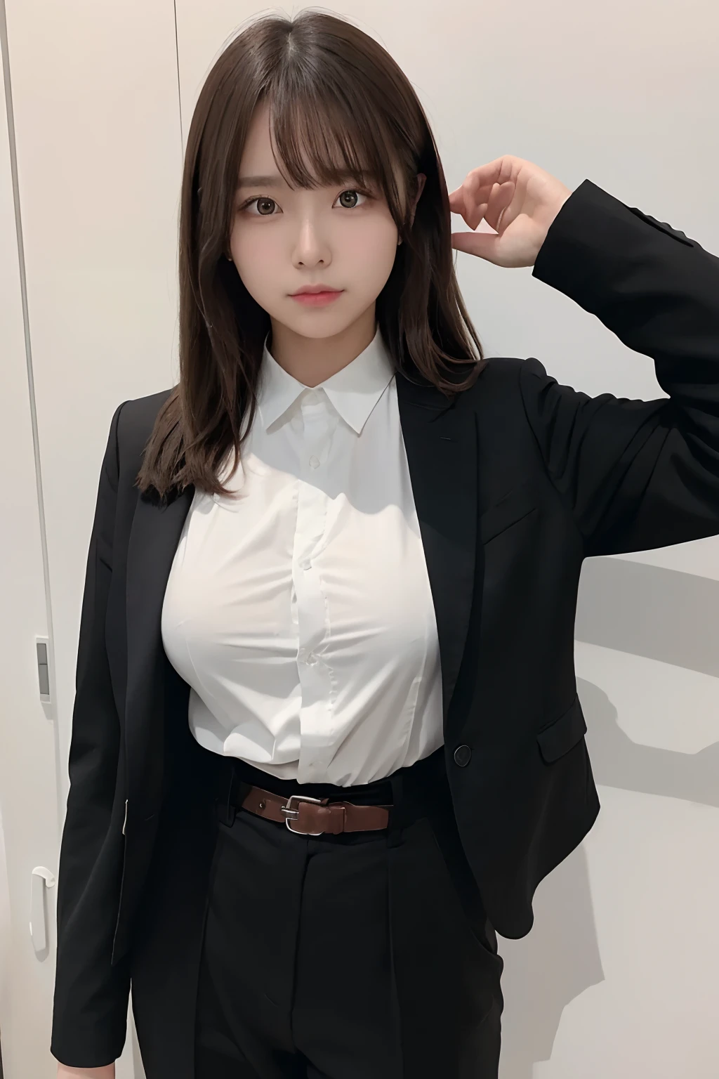 ​masterpiece、flat-colors、depth of fields、lens flare 1 girl、、Brown hair、watching at viewers　　　　a belt　black suspenders　Social OL　　　Too large breasts　　　 　 Armpit sweat　perspiring　Side of both hands　　walls: Black Suit　Black pants, Black jacket