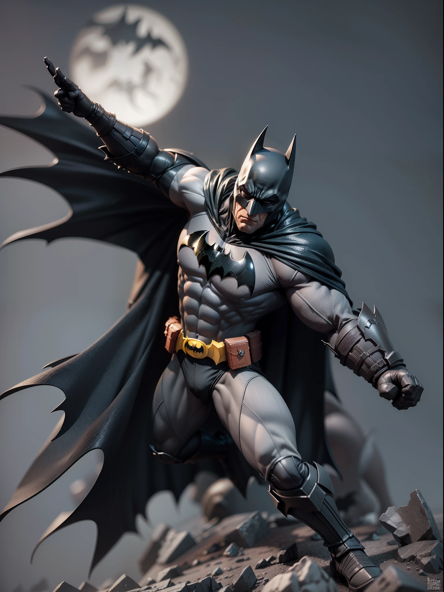 batman, intense fight scene, 3D model figure, toy , gray background, studio soft lights, 3d moon figure, 3D toys model, best quality, ultra detailed, masterpiece collection
