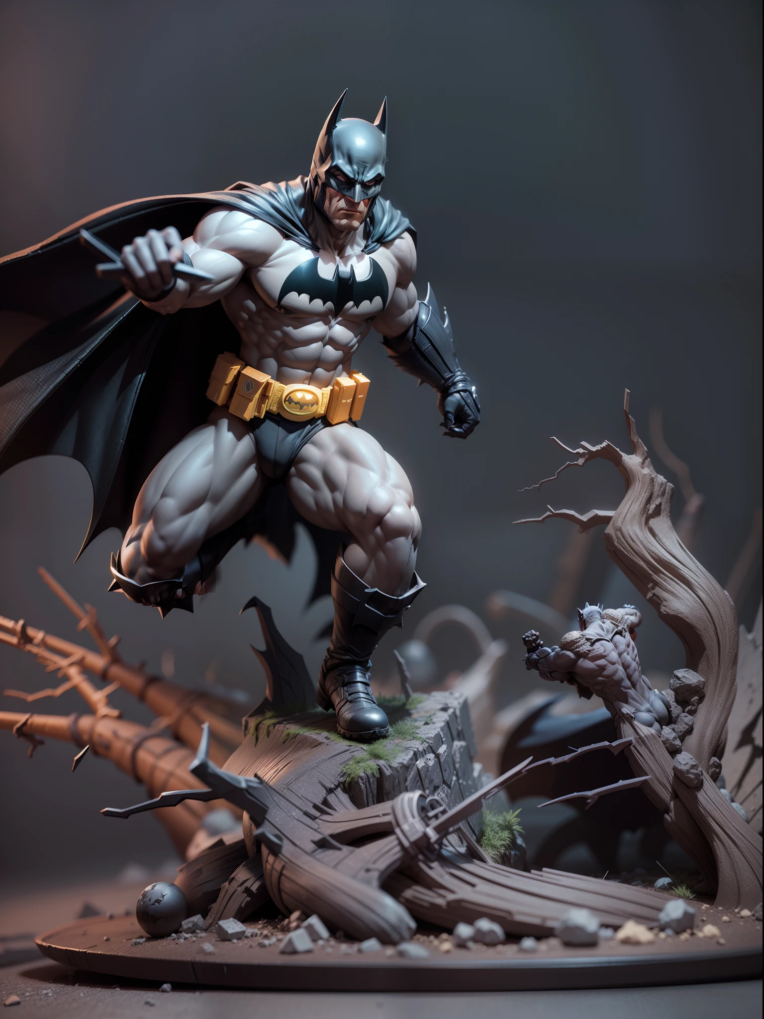 A batman and bane, intense fight scene,  3D model figure, toy , gray background, studio soft lights, 3d moon figure, 3D toys model, best quality, ultra detailed, masterpiece collection