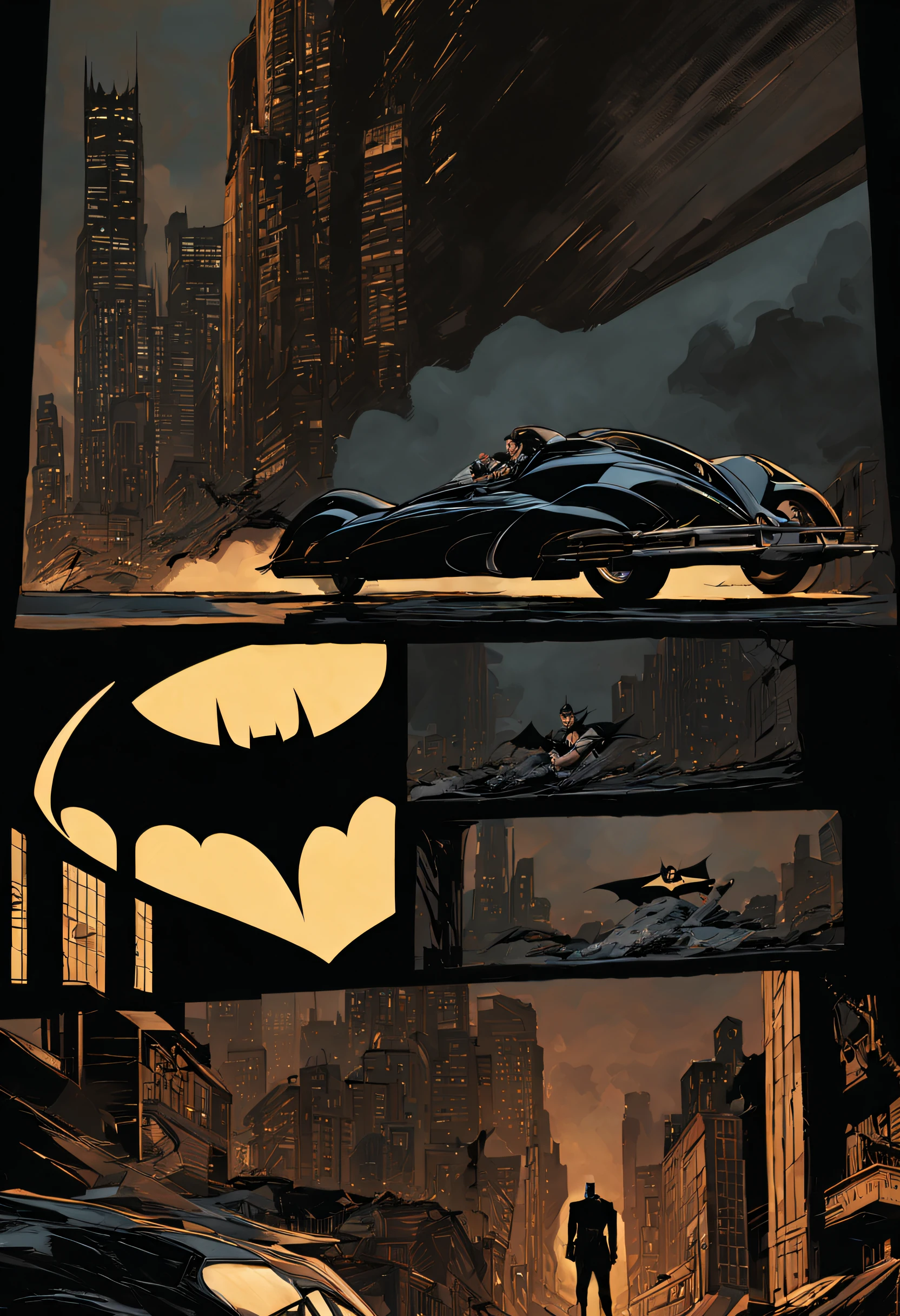 batman, bat signal, action scenes, dynamic poses, dark and gritty atmosphere, Gotham City, Batman's cowl and cape, detailed muscles and contours, shadows and lights, intense facial expressions, iconic villains, suspenseful storytelling, perspective and angles dramatic, iconic Batmobile, skyline city, rich color palette, cinematic lighting, inked lines, detailed backgrounds, graphic novel style, dynamic panel transitions, dramatic sound effects, Batman utility belt, iconic logo, detailed rendering, surfaces textured, atmospheric cityscape, expertly designed illustrations, attention to detail, dramatic storytelling, iconic poses, expressive hand gestures, wide range of emotions, intense fight scenes, dramatic page layouts, dramatic shadows and lights, captivating composition, dimensional characters, intricate inks, visually striking splash panels, harsh and dark undertones, intense action. sequences, narrative subtitles)