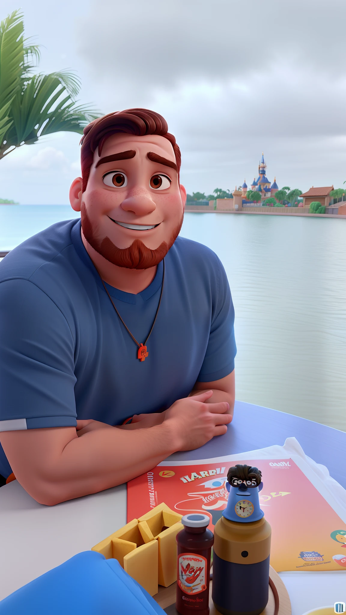 Um homem moreno, gordo, cabelo raspado, estilo Disney pixar, alta qualidade, melhor qualidade