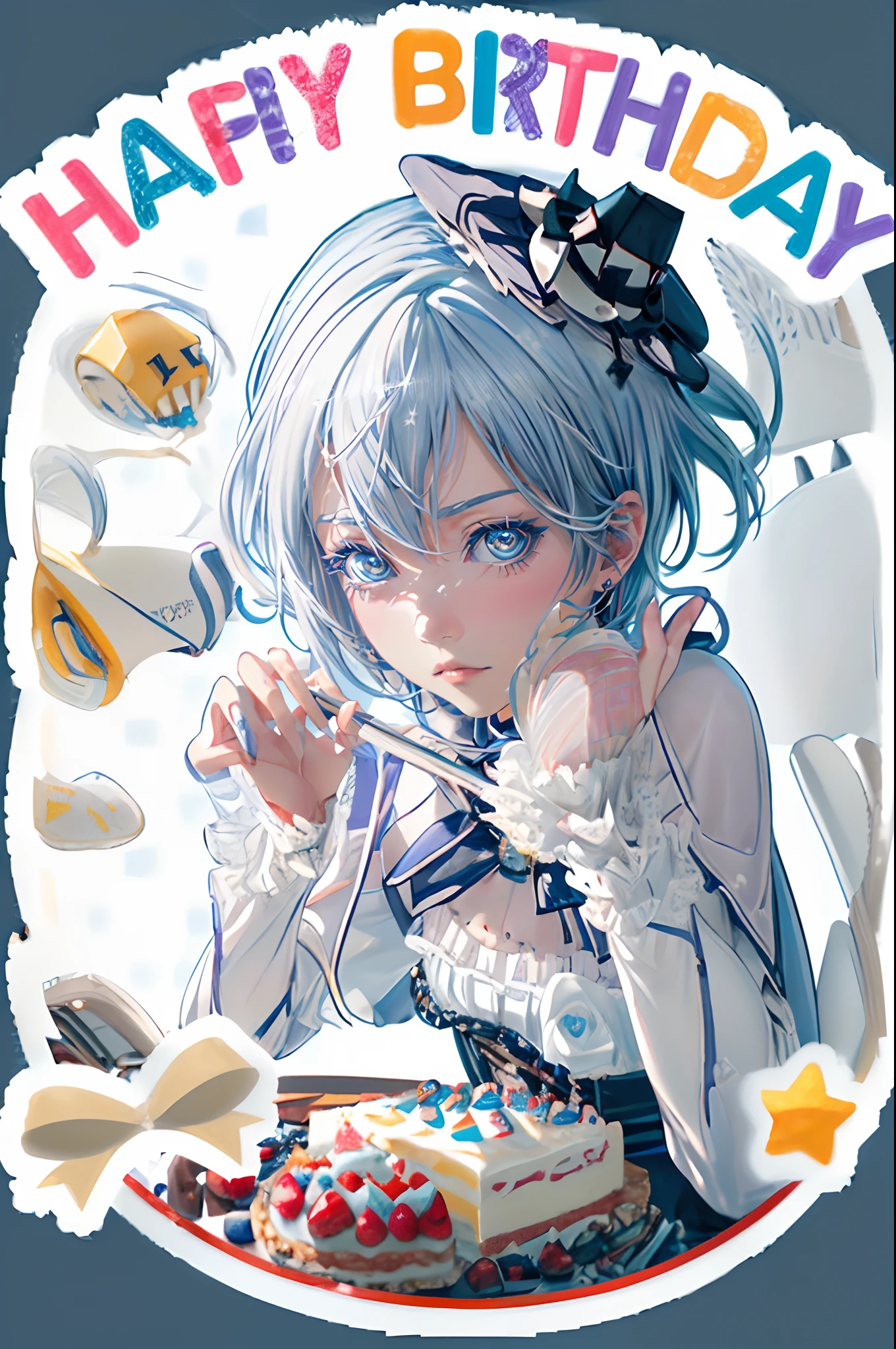 ((4K works))、masterpiece、(top-quality)、One Beautiful Girl、Slim body、tall、((Cool gothic fashion with long sleeve long pants))、((Wearing a triangular birthday hat))、(Detailed beautiful eyes)、In a stylish English room、Birthday Party、((Face similar to Carly Rae Jepsen))、((Short-haired white hair))、((Smaller face))、((Neutral face))、((Bright blue eyes))、((American adult women))、((Adult female 26 years old))、((cool lady))、((Like a celebrity))、((Gentle expression))、((Korean Makeup))、((elongated and sharp eyes))、((Happy dating))、((boyish))、((Upper body photography))、Professional Photos、((Shot alone))、((She is sitting at the table))、((There is a stylish birthday cake on the table.))