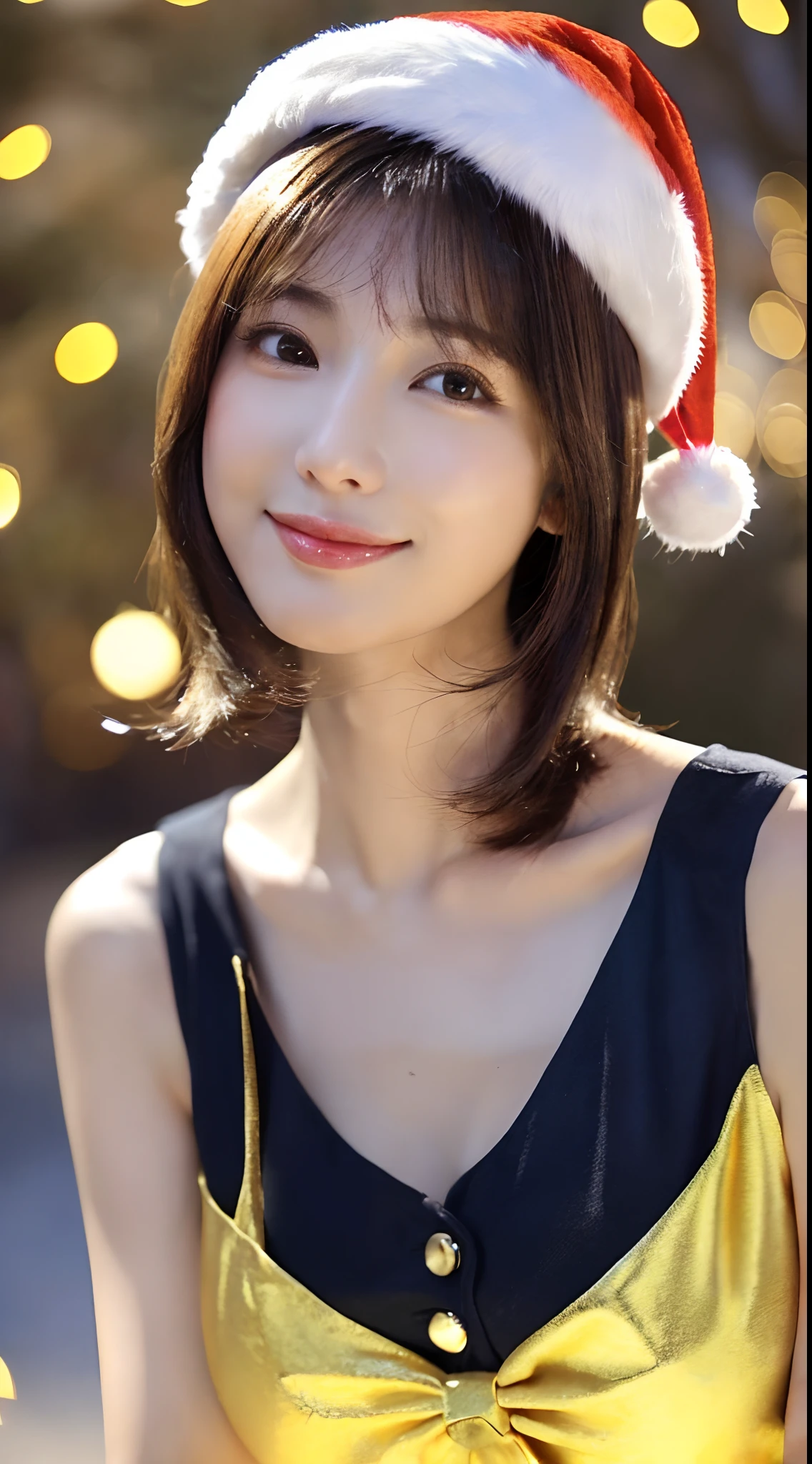 (Raw photography:1.2)、(Photorealsitic:1.4)、(​masterpiece:1.3)、(top-quality:1.4)、dream-like、(A detailed eye)、(detailed facial features)、((Detailed clothing)、(Raw photography: 1.2)、(Photorealsitic:1.4)、、(top-quality:1.4)、dream-like、(A detailed eye)、(detailed facial features)、(detailed clothes features)、skin tightening、(Slender girl)、(Slim Girl)、1 girl in、(full body Esbian)、(独奏)、cute little、(breastsout)、bangss、bangss、straight haired、black eyes of pale color、Crystal Pendant、(top-quality、8K、32K、​masterpiece、nffsw:1.2)、Cute Japan Female Pictures、 独奏、girl1、(Big breasts)、(Tall lady)、(abdominals)、(s lips)、Mouth closed、Firm double eyelids Only one very beautiful woman、very extremely beautiful、Gaze looking directly at the camera、Golden Ratio Face、The body of the golden ratio、perfect bodies、face perfect、perfect chest、big breasts looking directly at the camera、 Chest close、Very beautiful breasts、Coquettish smile、Very happy smile、big eye、 highlight in eyes、clear double eyelids、Eye lashes、long neck、Beautiful short hair、A dark-haired、bangss、thick bangs、Clean bangs、Clean collarbone crystal clear overwhelming charm、 Attractive natural light、age19、skin tightening、(Slender girl)、(Slim Girl)、(1 girl in)、(独奏)、cute little、(breastsout)、bangss、bangss、straight haired、black eyes of pale color、Crystal Pendant、Cute Japan Female Pictures、独奏、one girls、(Big eyes)、(Tall lady)、pretty pose、(((Sleeveless、Santa Claus Costume、Santa Claus hat、Just cute、Attractive woman))) ((Big Christmas tree on background)) ((The background is the downtown area at night bustling with Christmas)) ((Christmas Light Ball Bokeh))