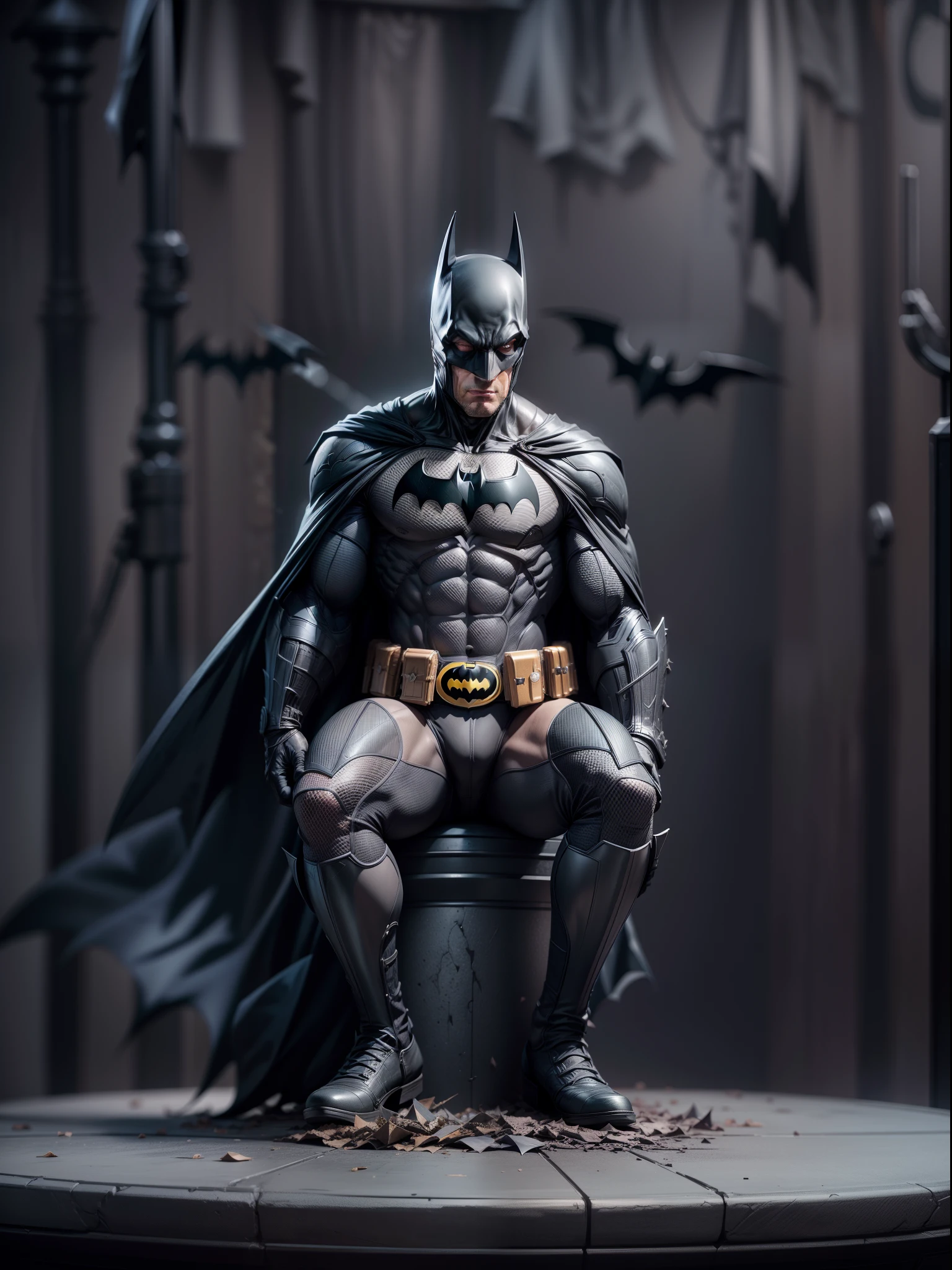 Batman, gray background, studio soft lights, best quality, ultra detailed, masterpiece collection, picture click by sony a7 iv camera, 16K UHD resolution, extremely detailed