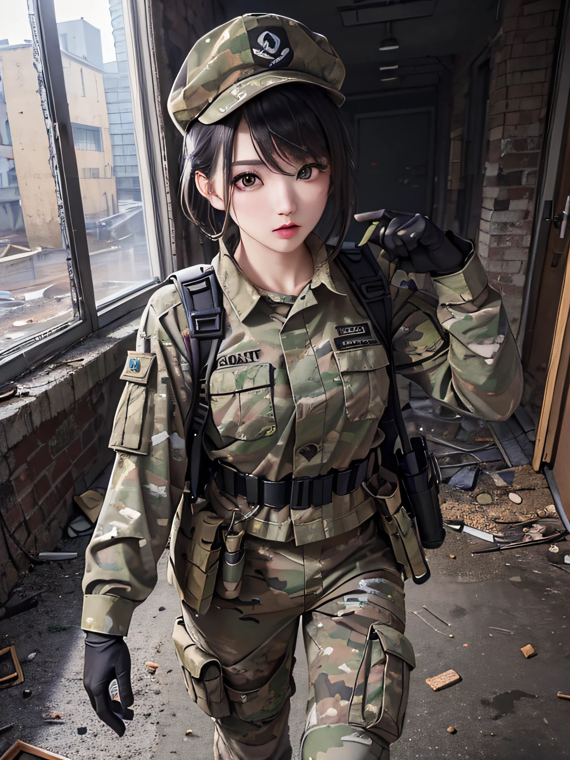 ((tmasterpiece、ultra fine photos、top-quality、超A high resolution、foco nítido、chest circumference))、、beautiful female soldier、delicated face、White skin of the、High detail skin、Realistic details of skin、Short short-haired cat、Camouflage cap、Combat equipment、black undershirt、Army long-sleeved camouflage uniform、camouflage pants、Combat gloves、rucksack、Detailed and complex busy background、Rooms in abandoned buildings、White smoke、Detailed facial and chest depictions、detailed hand depiction、Combat pose、Dynamic action、watching at viewers