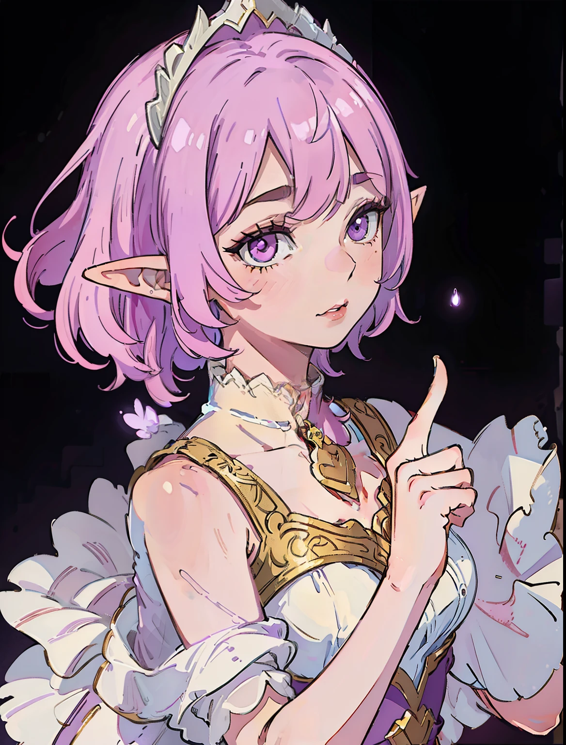 Young 1 woman elf, WARNING, Thumbs up , pink and purple short hair, Neutral background, Masterpiece, Best Quality, (hight resolution) (Original) , (very detailed wallpaper) , very, hard shadows, Cinematic shot, dramatic lighting