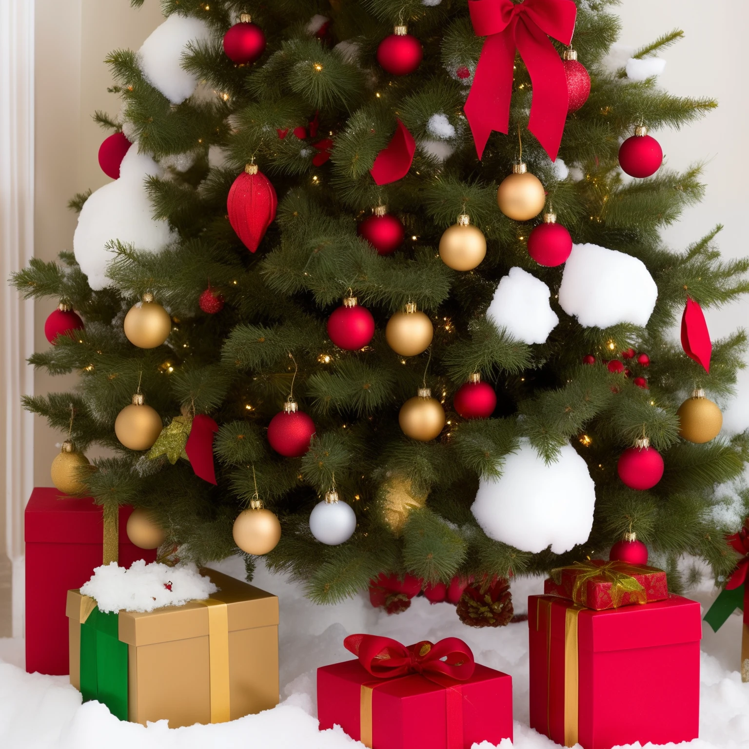 Pere noel rennes luthin dans une decor feerique de noel avec de la neige et du rouge , vert et or
