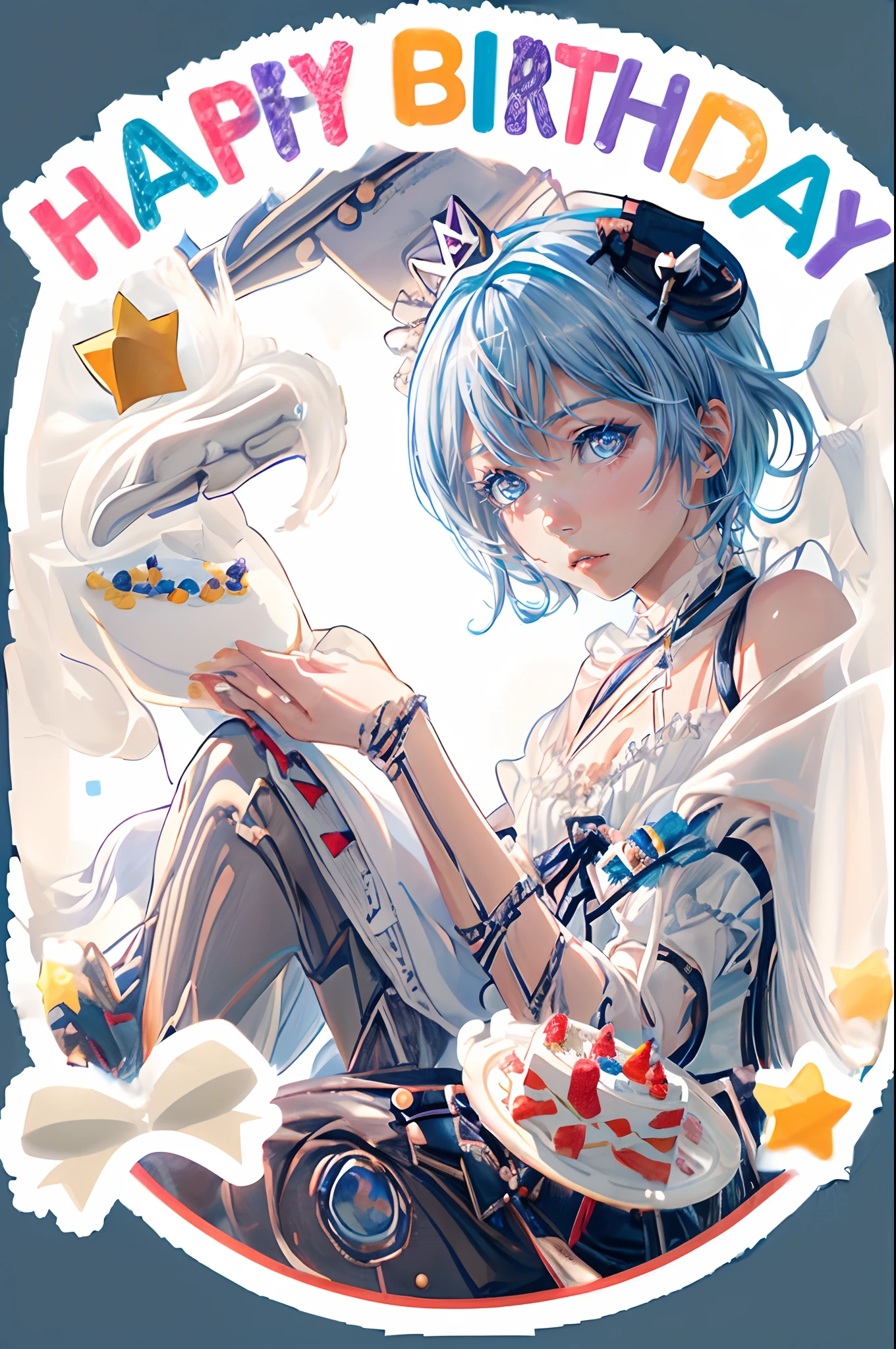 ((4K works))、​masterpiece、(top-quality)、One Beautiful Girl、Slim body、tall、((Cool gothic fashion with long sleeve long pants))、((Wearing a triangular birthday hat))、(Detailed beautiful eyes)、In a stylish English room、Birthday Party、((Face similar to Carly Rae Jepsen))、((Short-haired white hair))、((Smaller face))、((Neutral face))、((Bright blue eyes))、((American adult women))、((Adult female 26 years old))、((cool lady))、((Like a celebrity))、((Gentle expression))、((Korean Makeup))、((elongated and sharp eyes))、((Happy dating))、((boyish))、((Upper body photography))、Professional Photos、((Shot alone))、((She is sitting at the table))、((There is a stylish birthday cake on the table.))