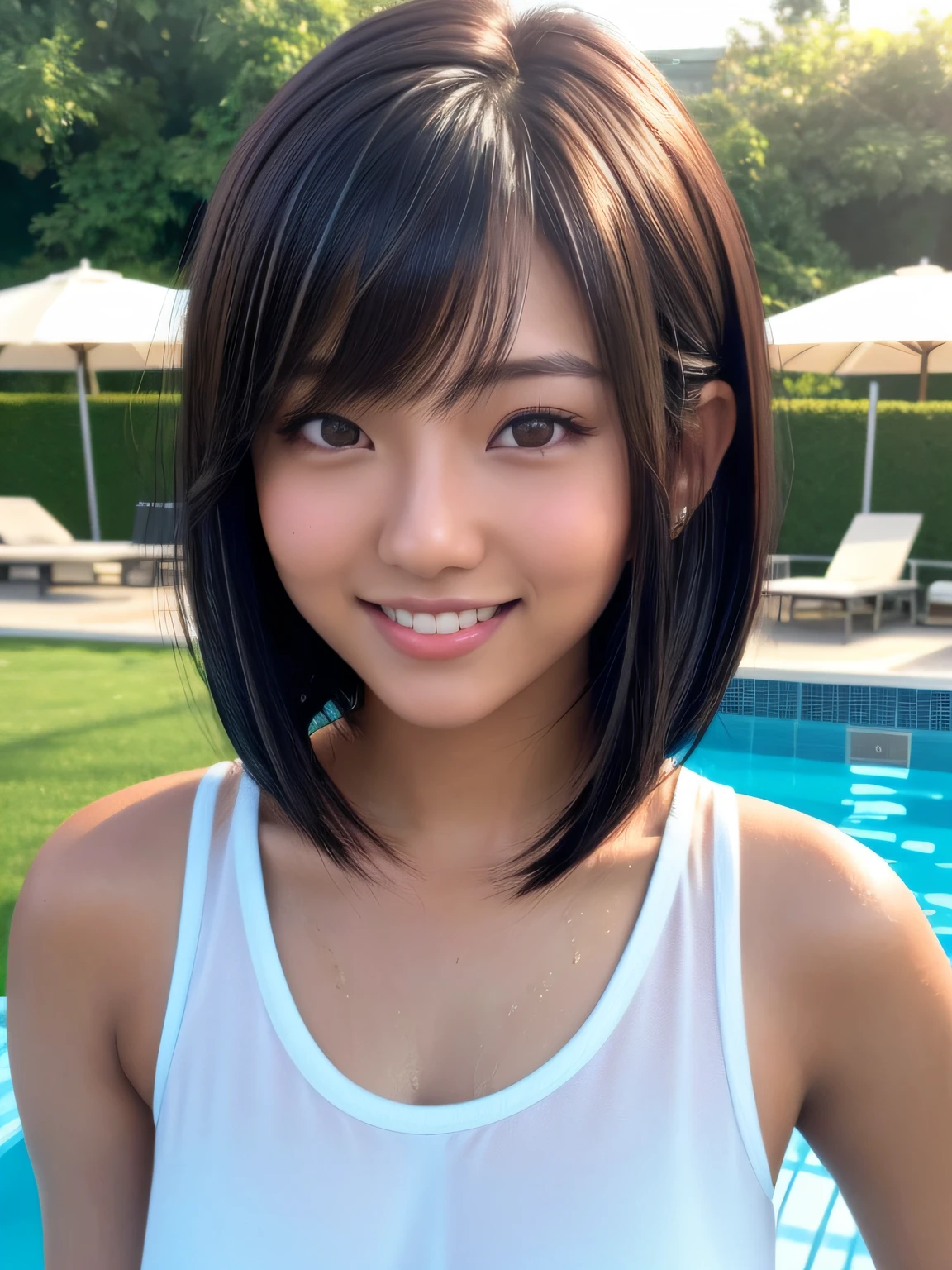 Product quality, 1 girl, upperbody shot, Front view, a Japanese young pretty girl, Bob Hair, Glamorous figure, For school uniforms, Standing by the pool with a big smile, Wet body, Wet hair, hyper cute face, Glossy lips, double eyelids for both eyes, Natural makeup, Shiny smooth light brown bob hair, asymmetrical bangs, Tanned skin, central image, High resolution, high detailing, detailed hairstyle, Detailed face, Cinematic lighting, Octane Rendering, Vibrant, Hyper realistic, Perfect limbs, Perfect Anatomy