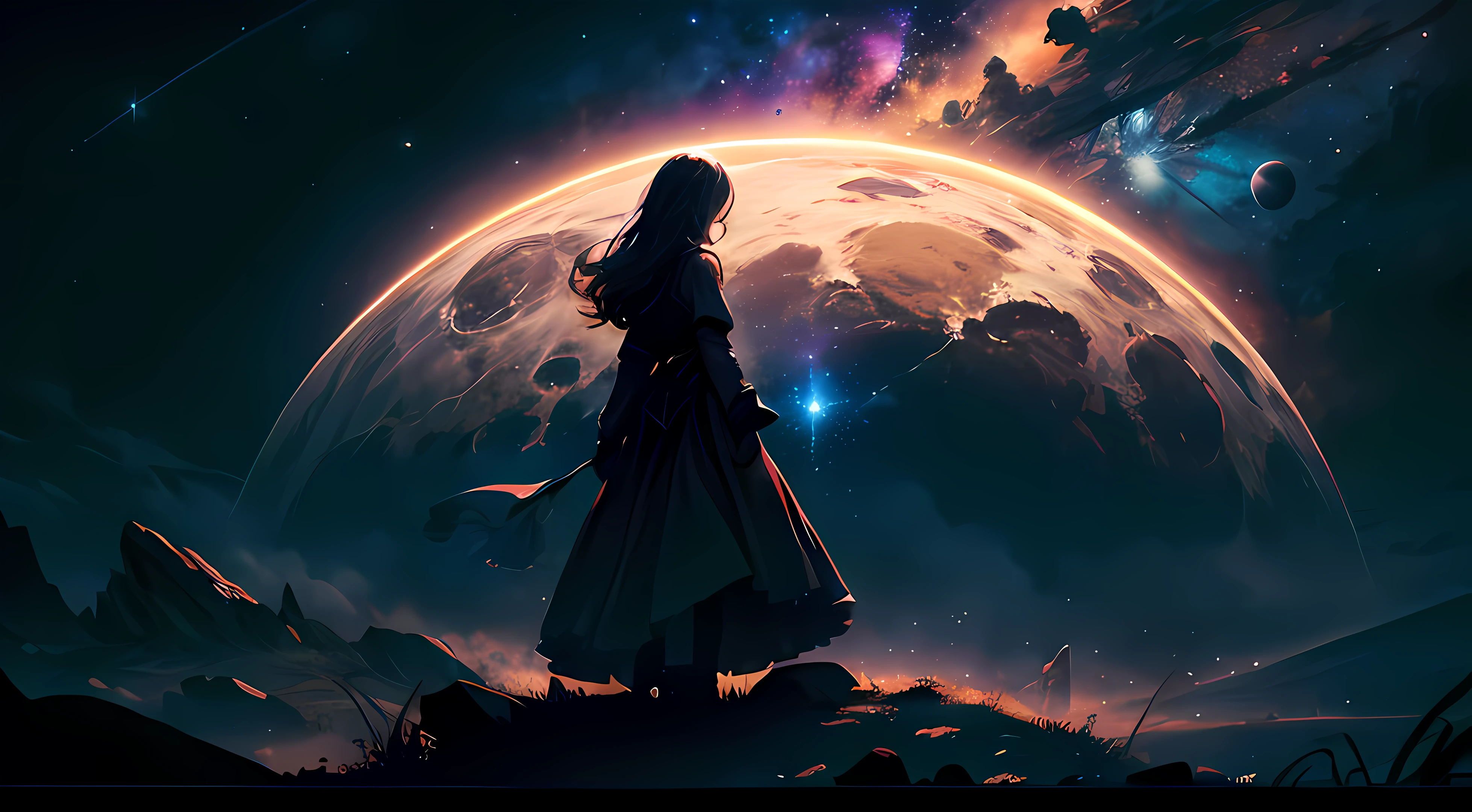 4k Landscape, beautiful stars at background, looks like a dream, sky looking extremely beautiful, ultra resolution, perfect lighting, Dark space, space photo, extremely beautiful, fantasy world, girl looking at the sky, dark vibes, perfect color grading, a planet at the sky, worlds collide