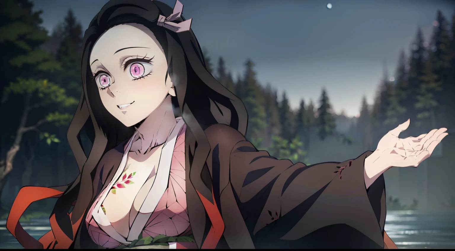 the night, Night Forest, night sky, a big moon, Swimming in the lake, against the background of the moon, Erotica, full-length photo, Panoramic view, half naked(Body Full 1.1), Sexy, Smiling, Nezuko Kamado's masterpiece, ssmile, joying, Long black hair with orange tips, Ribbon Hair, hairlong, multi-colored hair, (pink eyes: 1.5) Bright, orange hair, Wavy Hair, two tone hair, professional photo of a, haori, Japanese outfit, Sexy kimono, long sleeves, obi, pink kimono, band, wariza, long sleeves, Perfect Curved Body, Tattooed body with leaves, permeating Her body, Lovely Medium Breasts, Her breasts are sticking out from under her clothes, BREAK (Master Part: 1.2), Best Quality, High Resolution, photorealestic, photogenic, Unity 8k壁纸, (illustartion: 0.8), (Beautiful detailed pink eyes: 1.6), extremely detailed face, perfect lighting, extremely detailed CGI , (perfect arms, perfect ???????), 18 year old girl with perfect breasts, beatiful face, master study, intricate details, Detalhes realistas, the anime, (По мотивам Demon Slayer Kimetsu no Yaiba Nezuko Kamado) the perfect body, Perfect Pointed Breasts, The Perfect Girl, perfect details, Ultra HD |, 8K, Professional photo, Kimetsu no Yaiba Sexy Nezuko Kamado shows off her sexy body with a leaf tattoo, Joyful expression on his face,