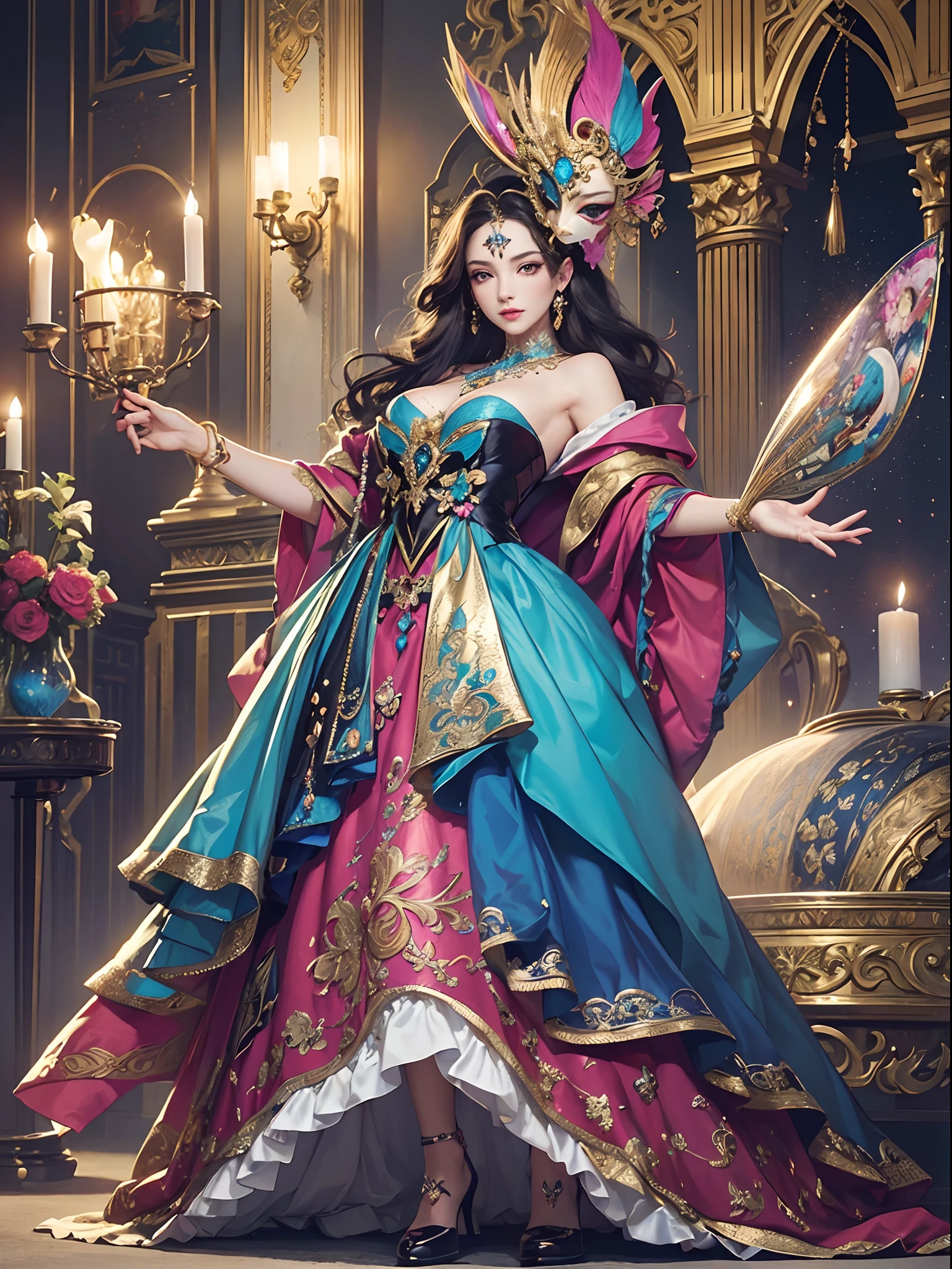 Vibrant colors、((​masterpiece)))、(((top-quality)))、((ultra-detailliert))、(A hyper-realistic)、(highly detailed CGillustration）、Official art、Paris at the beginning of the 20th century、Decadent、Madame Papillon、Masquerade、refinement、Elegance、Gorgeous、Gorgeous、Masks that cover most of the face、Colorful and detailed mask design、matchless beauty、Fans、gorgeous dress、jewely、Perfect Angle、perfect-composition。full body Esbian