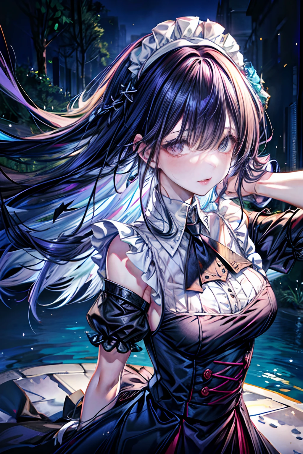 (best quality, detailed background, highres, absurdres, bloom, disheveled hair, shiny hair, exposed in lighting, bright pupils, dedicated detailed eyes),
1girl, earpiece, long hair, black hair, large_breasts, arms behind back, daytime, outdoors, forest, water, creeks,
hair_ornament, (hair over one eye), upper body, portrait, wearing maid outfit