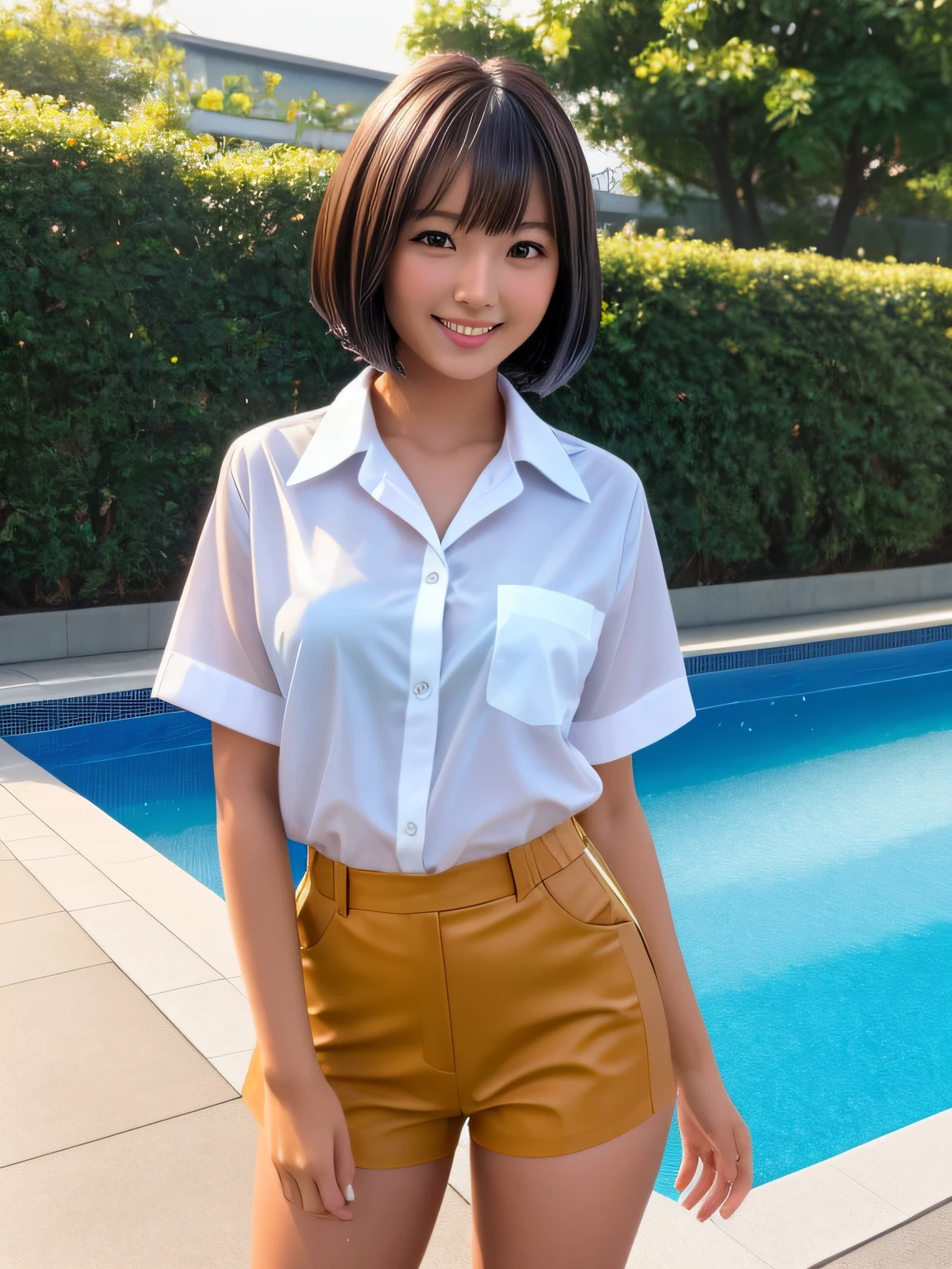 Product quality, 1 girl, upperbody shot, Front view, a Japanese young pretty girl, Bob Hair, Glamorous figure, For school uniforms, Standing by the pool with a big smile, Wet body, Wet hair, hyper cute face, Glossy lips, double eyelids for both eyes, Natural makeup, Shiny smooth light brown bob hair, asymmetrical bangs, Tanned skin, central image, High resolution, high detailing, detailed hairstyle, Detailed face, Cinematic lighting, Octane Rendering, Vibrant, Hyper realistic, Perfect limbs, Perfect Anatomy