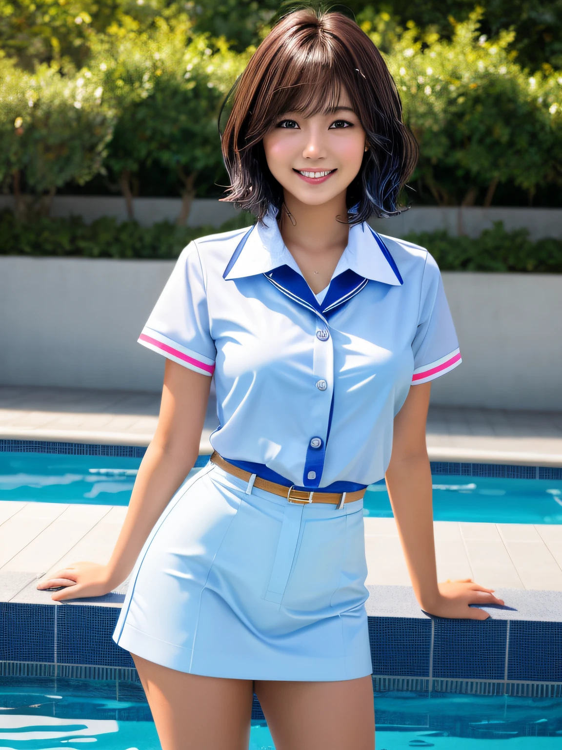 Product quality, 1 girl, upperbody shot, Front view, a Japanese young pretty girl, Bob Hair, Glamorous figure, For school uniforms, Standing by the pool with a big smile, Wet body, Wet hair, hyper cute face, Glossy lips, double eyelids for both eyes, Natural makeup, Shiny smooth light brown bob hair, asymmetrical bangs, Tanned skin, central image, High resolution, high detailing, detailed hairstyle, Detailed face, Cinematic lighting, Octane Rendering, Vibrant, Hyper realistic, Perfect limbs, Perfect Anatomy