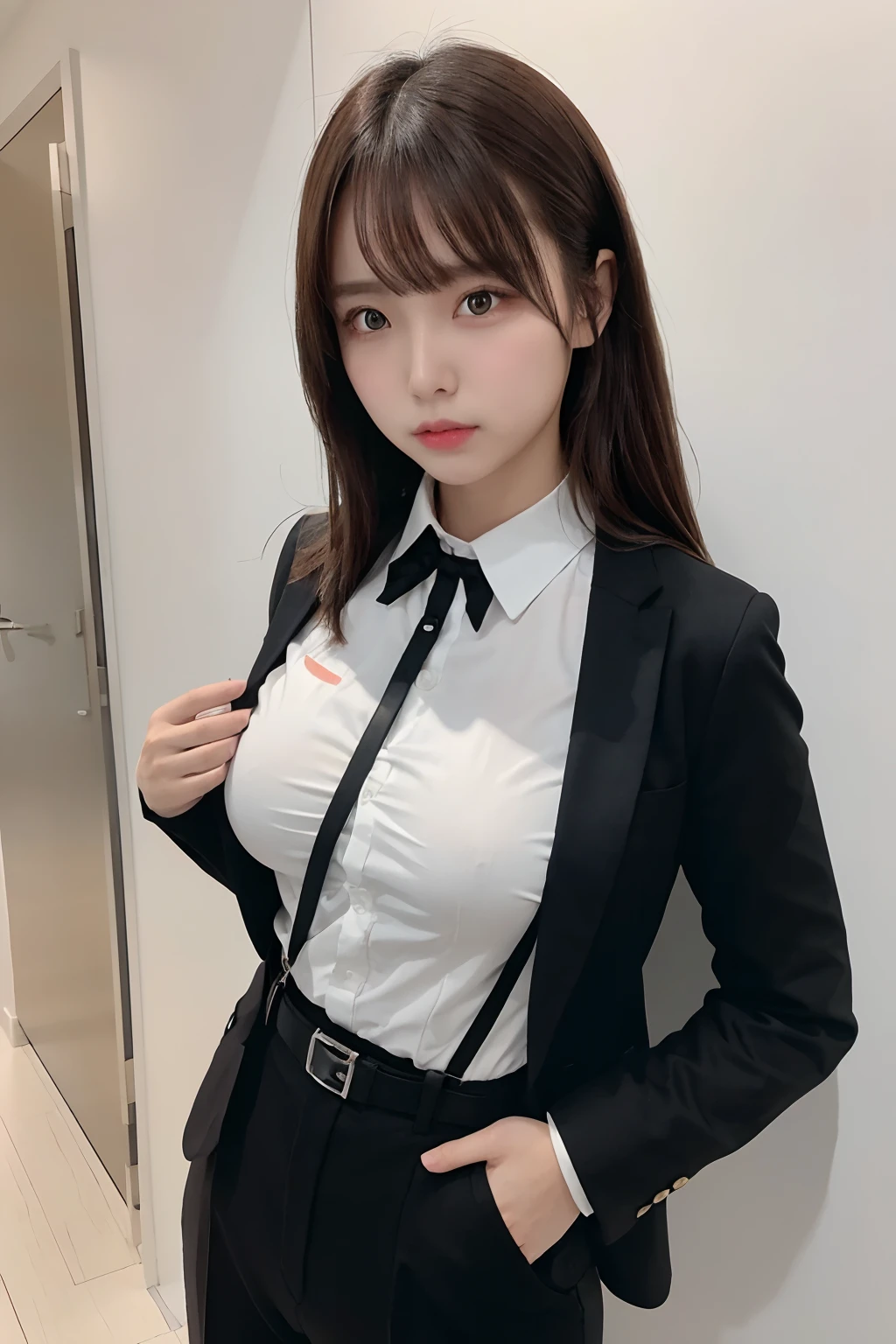 masterpiece、flat-colors、depth of fields、lens flare 1 girl、、Brown hair、watching at viewers a belt black suspenders Social OL Too large breasts Armpit sweat perspiring Side of both hands walls: Black Suit Black pants, Black jacket