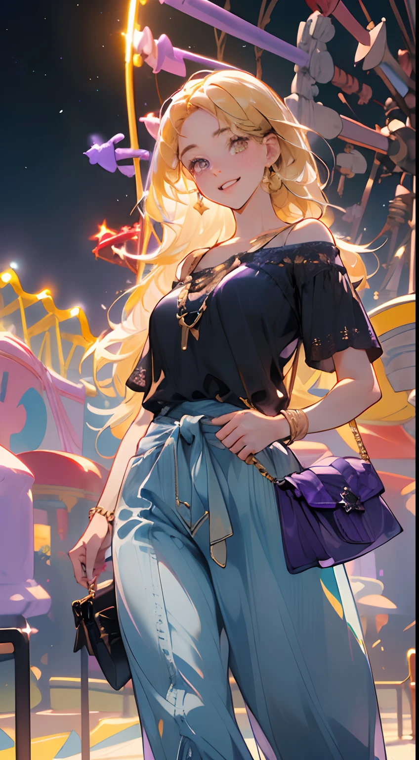 highres, ultra detailed, 1girl, solo, extremely detailed eyes, (Gold colored hair:1.5) ,long hair, (straight waist-length gold colored hair:1.5) ,(Anti-flash white-colored eyes:1.5) , ulzzang , she is wearing a ((Heliotrope colored Short Sleeve Oversized  :1.5)) , she wearing a (( Rich Black colored Womens Casual Wide Leg :1.5)) ,((Dark Indigo colored Casual  Shoulder Handbag:1.5))    , focusing on the face  , ( amusement park at night background:1.5) ,(( crowd))  ,look at viewer , walking ,joking emotion , excited  emotion , cute pose , selfies view