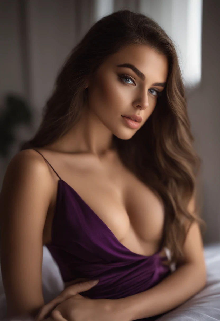Arafed woman completely , fille sexy aux yeux vert, ultra realist, Meticulously detailed, Portrait Sophie Mudd, cheveux bruns et grands yeux, selfie of a young woman, Dubai Eyes, Violet Myers, sans maquillage, maquillage naturel, looking straight at camera, Visage avec Artgram, Maquillage subtil, Great photo of the whole body kneeling on the bed, dans la chambre, Buste de taille grande