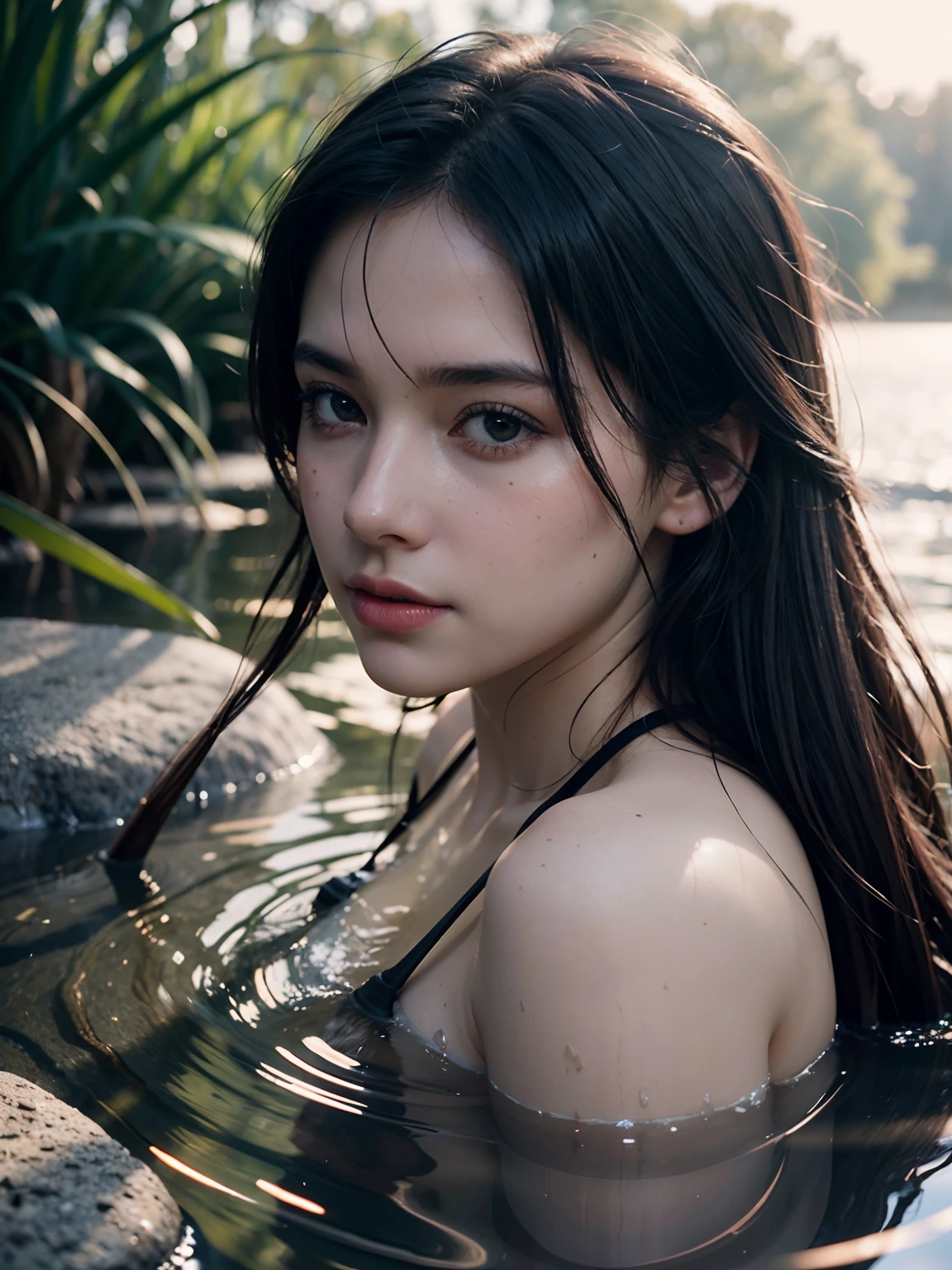 close up portrait of a cute woman (gldot) bathing in a river, reeds, (backlighting), realistic, masterpiece, highest quality, lens flare, shade, bloom, [[chromatic aberration]], by Jeremy Lipking, by Antonio J. Manzanedo, digital painting,