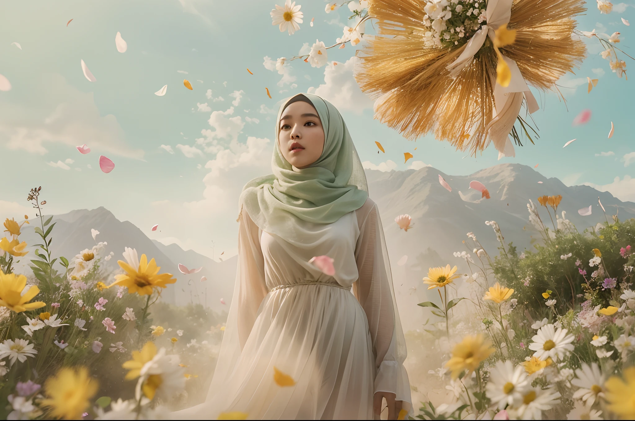 a beautiful malay young woman in hijab, is standing with large flower explosion in the background, flower petal flying in the air, in the style of midsommar, fanciful, natural landscape , dreamlike imagery, captivating documentary photos, flowing fabrics, disintegrated, intricate --ar 146:79 --v 5.1 --style raw