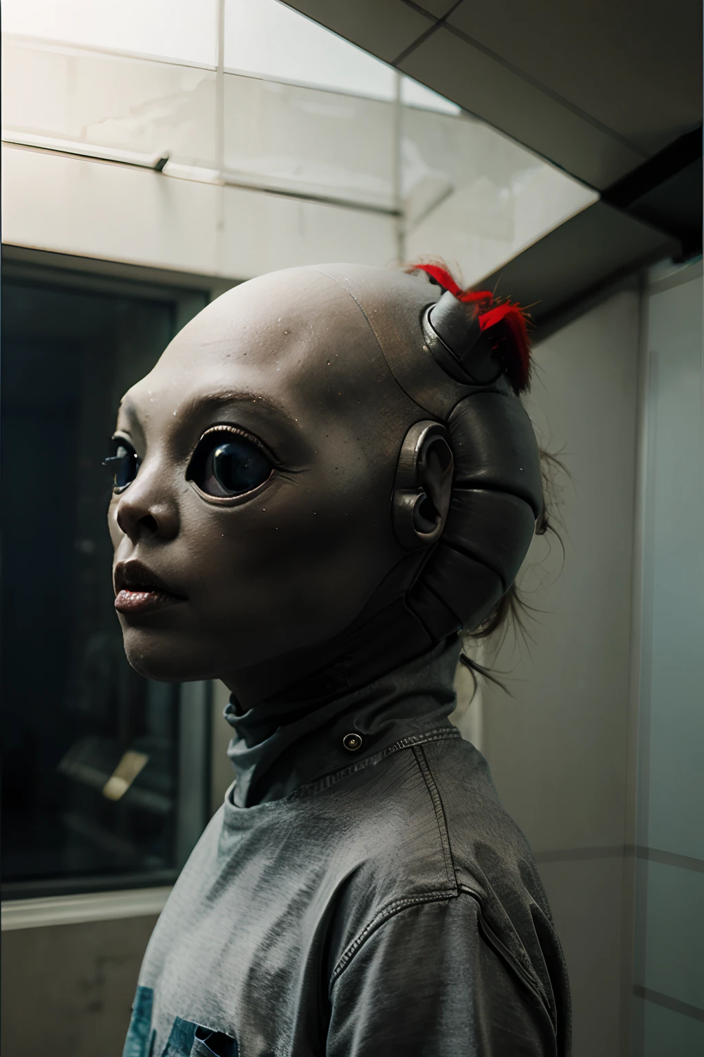 An alien, with albino and realistic skin, large head, short and thin neck, very large eyes and all black, which reflects the local lighting, a nose similar to that of humans but small, a mouth similar to that of humans but small, the body is thin and thin, the alien wears a white sleeve shirt with a letter made of small silver that appears to the right represented within a triangle of the same size, the clothing is inspired by the clothes used for surfing, the color to be used is red, pink chock and blue, as well as details of the environment, and manufactured with neoprene fabric, it is possible to notice a silver necklace hanging from his neck, with a pinjente in the triangular shape with an eye that sees everything in the center as a symbol. the alien is in a recording studio whose scenery is minimalist and features a gray background in gradient hue to circular white, the camera captures the image from the waist up, the alien presents friendly and light expressions, the alien interact with the camera always with a slight smile of satisfaction and tranquility,  The skin used and all the elements are of extreme realism, especially the skins, the lighting is an illumination inspired by the 80s.