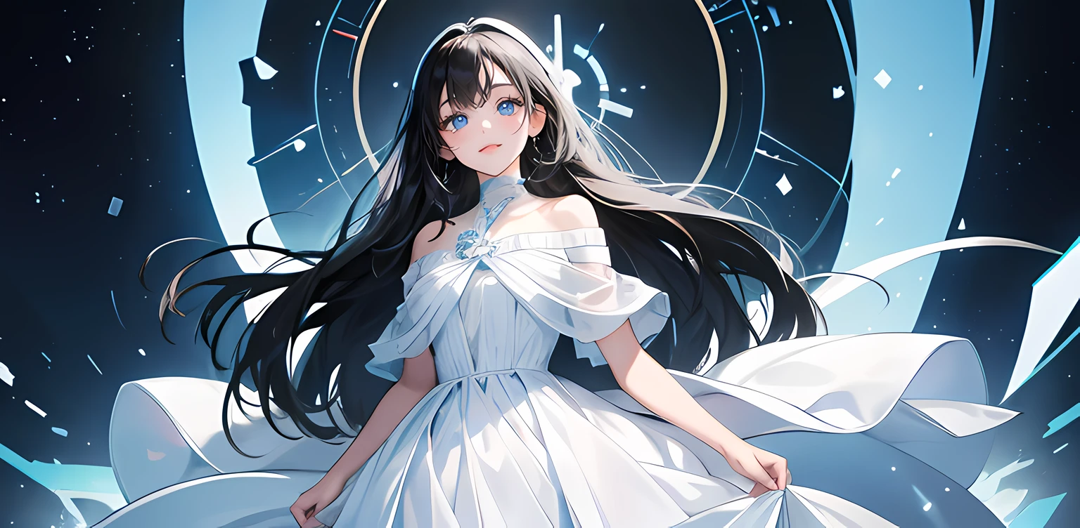 1 girl, high res, long black hair, blue eyes, wearing cute and modest white dress, happy and elegant, motivating, bright, ultrasharp, 8K, masterpiece, looking at the viewer
