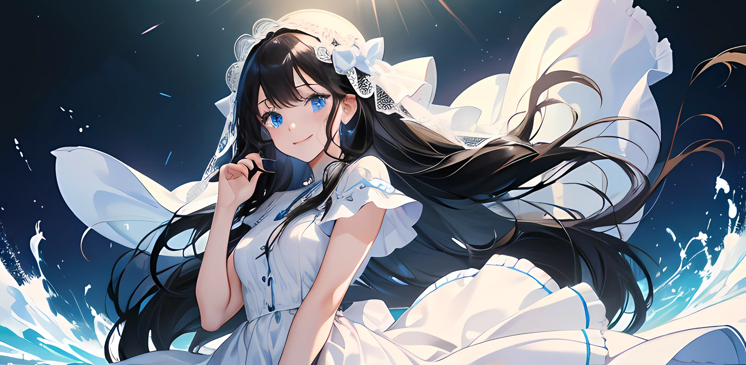 1 girl, high res, long black hair, blue eyes, wearing cute and modest white dress, happy and excited, motivating, bright, ultrasharp, 8K, masterpiece, looking at the viewer