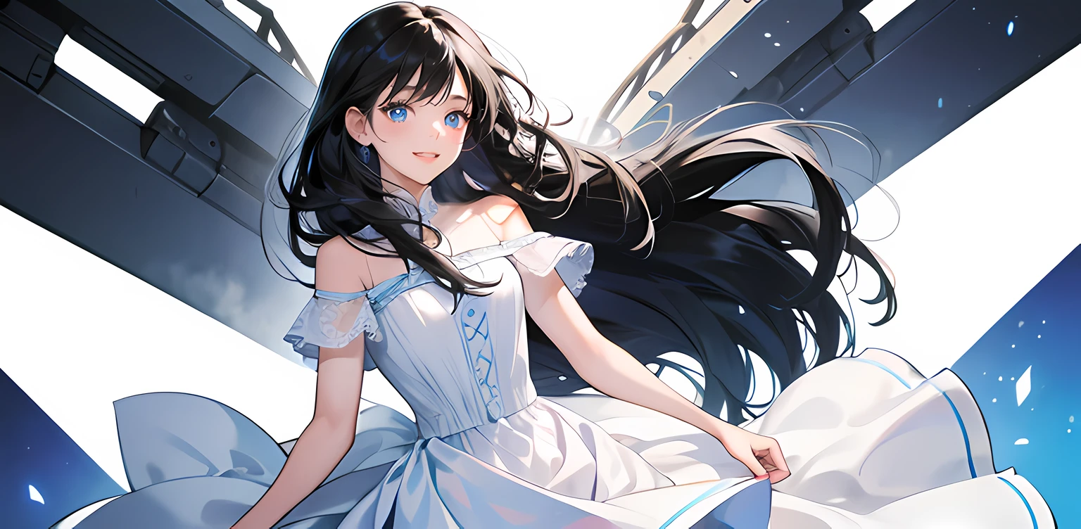 1 girl, high res, long black hair, blue eyes, wearing cute and modest white dress, happy and excited, motivating, bright, ultrasharp, 8K, masterpiece, looking at the viewer