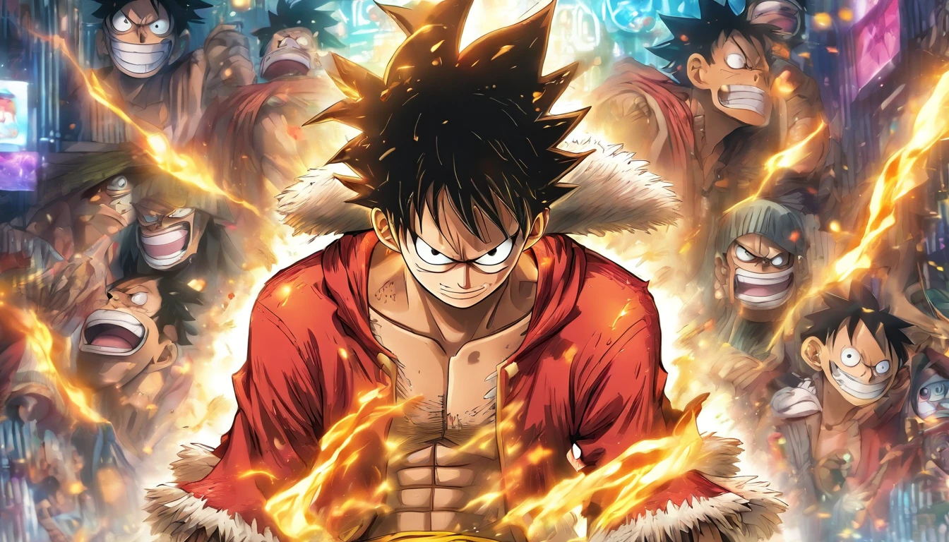 Monkey D Luffy in anime in the middle with his back turned against the viewer he has expressions and poses of confusion and despair he is being surrounded by many invisible screens he is wearing a hoodie it’s a cyberpunk environment the background is white the male, straw-hat in his back