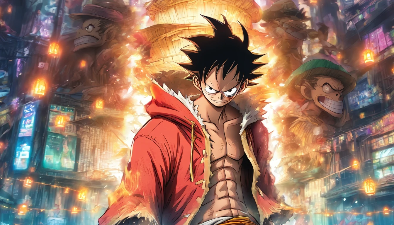 Monkey D Luffy in anime in the middle with his back turned against the viewer he has expressions and poses of confusion and despair he is being surrounded by many invisible screens he is wearing a hoodie it’s a cyberpunk environment the background is white the male, straw-hat in his back