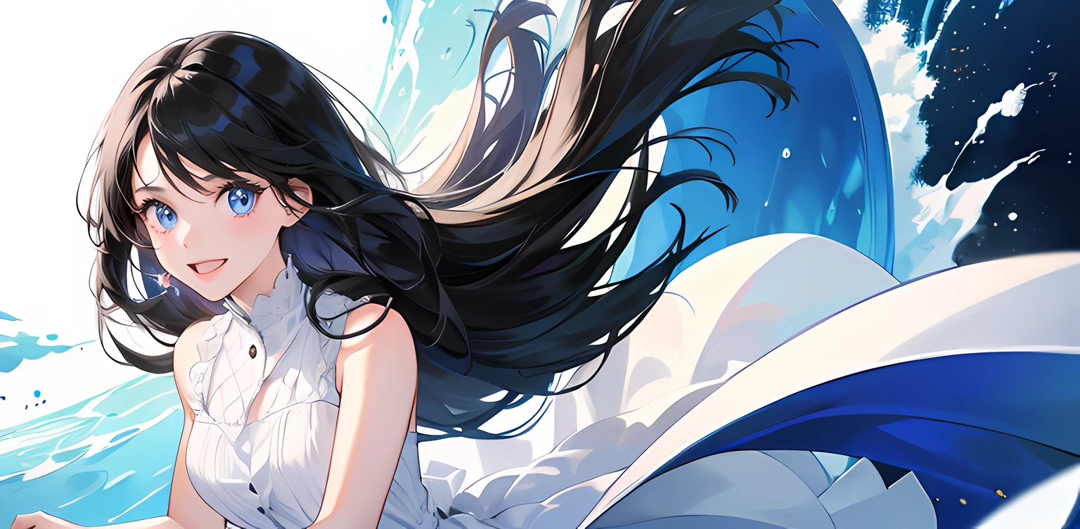 1 girl, high res, long black hair, blue eyes, wearing cute and modest white dress, happy and excited, motivating, bright, ultrasharp, 8K, masterpiece, looking at the viewer
