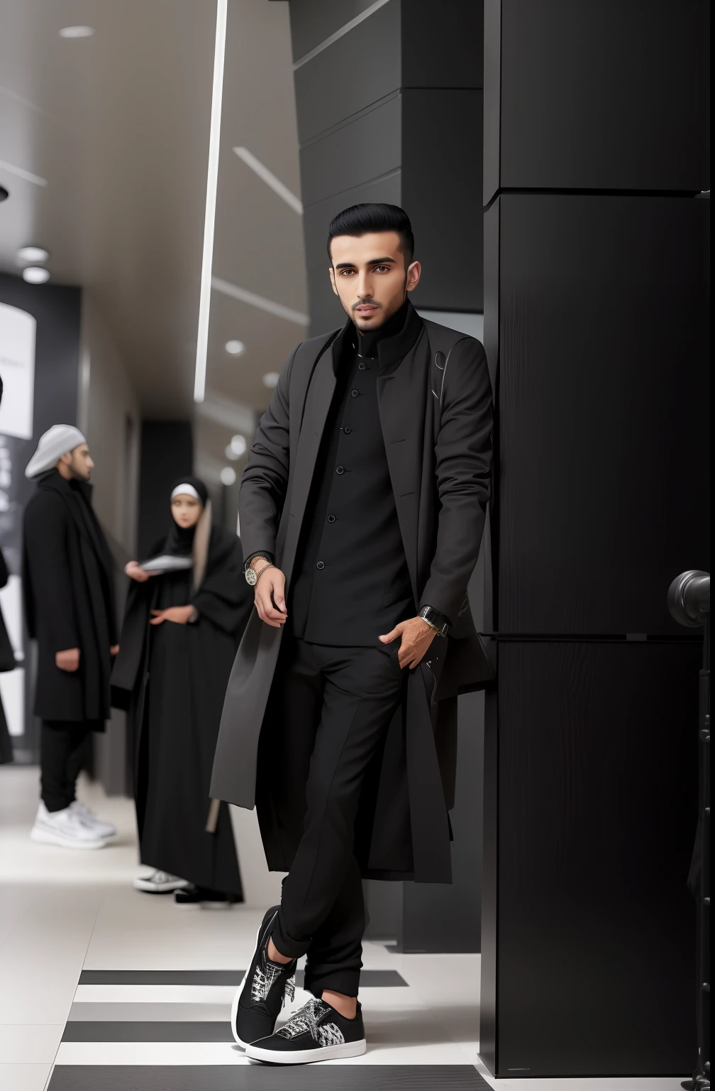 araffe man in a black and grey coat and sneakers standing in a hallway, appearing in a shopping mall, wearing black overcoat, dressed with long fluent clothes, mohamed chahin style, kyza saleem, wearing a kurta, khyzyl saleem, full body photogenic shot, he is wearing a black trenchcoat, wearing black coat