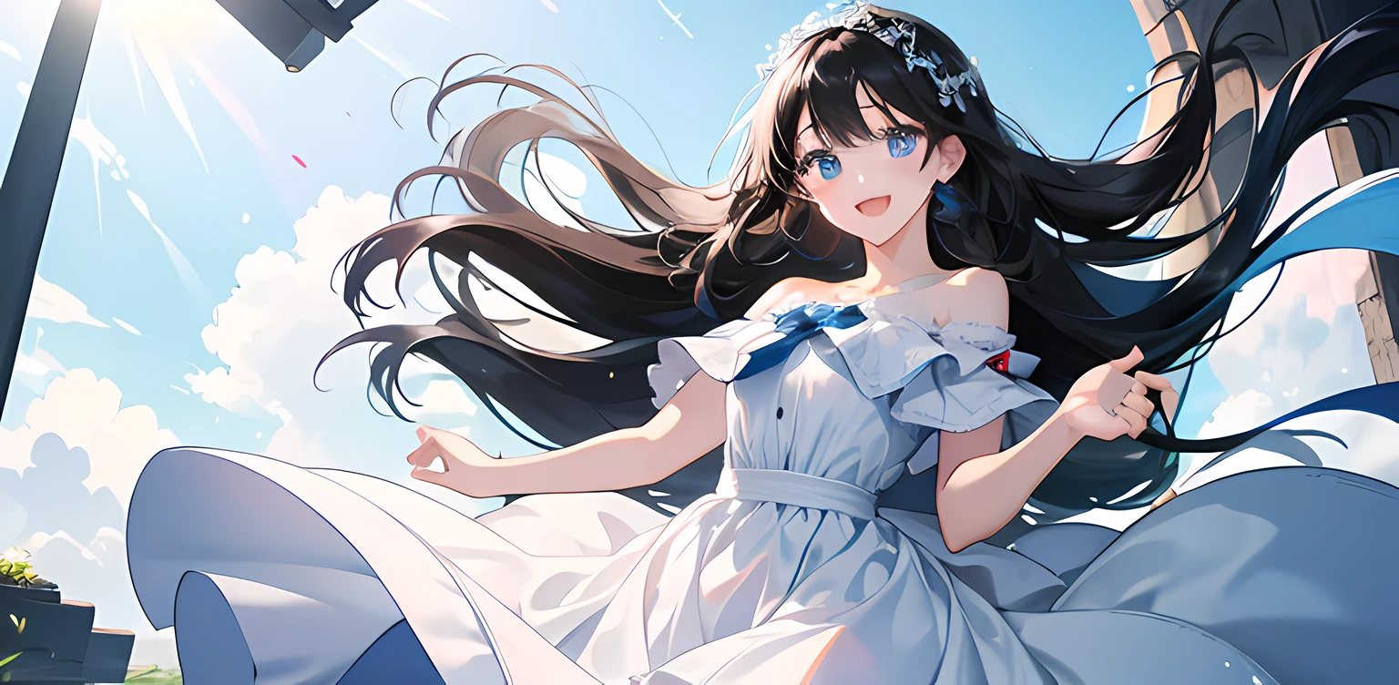 1 girl, high res, long black hair, blue eyes, wearing cute and modest white dress, happy and excited, motivating, bright, ultrasharp, 8K, masterpiece, looking at the viewer