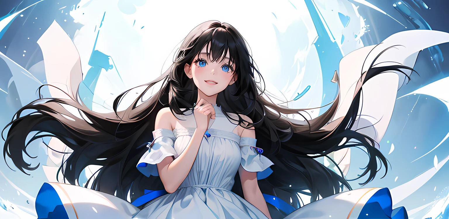 1 girl, high res, long black hair, blue eyes, wearing cute and modest white dress, happy and excited, motivating, bright, ultrasharp, 8K, masterpiece, looking at the viewer