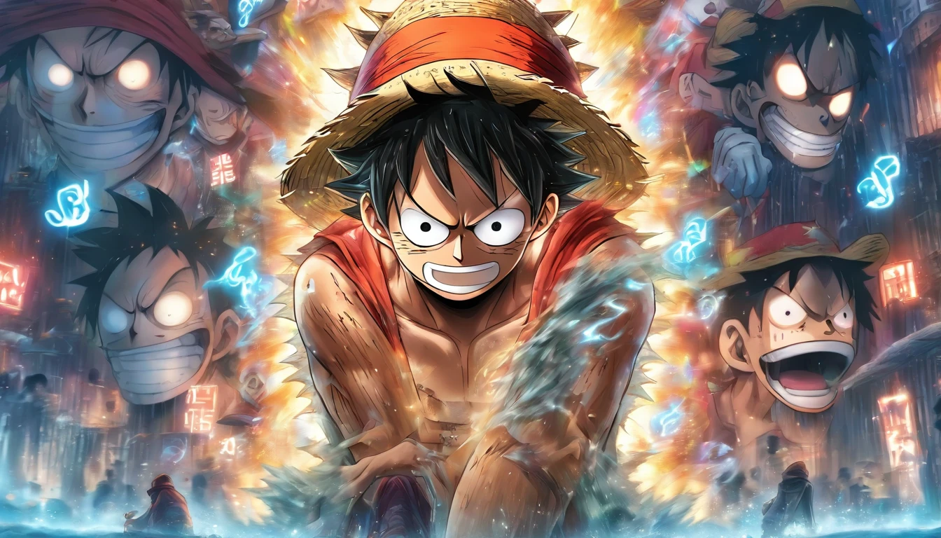 Monkey D Luffy in anime in the middle with his back turned against the viewer he has expressions and poses of confusion and despair he is being surrounded by many invisible screens he is wearing a hoodie it’s a cyberpunk environment the background is white the male, straw-hat in his back