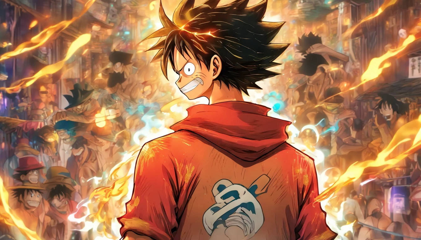 Monkey D Luffy in anime in the middle with his back turned against the viewer he has expressions and poses of confusion and despair he is being surrounded by many invisible screens he is wearing a hoodie it’s a cyberpunk environment the background is white the male, straw-hat in his back