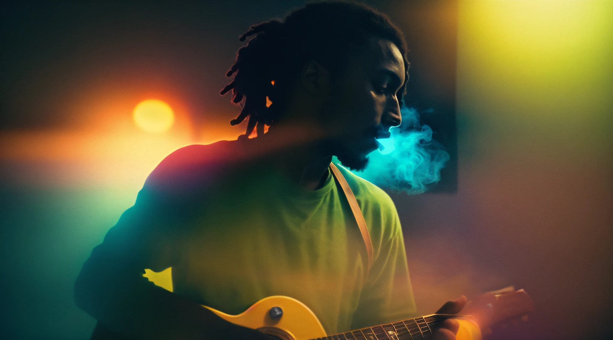 abstract colors, texture, film grain, skin pores:0.1 hasselblad dslr RAW photo, Bob marley smoking Marijuana in Jamaica while playing guitar, s 250, foggy morning, cinematic movie still frame, (analog style)1.3 (film grain)1.3, (lens flare:1.1), (bloom:1.1), (neon color smoke:1.2)