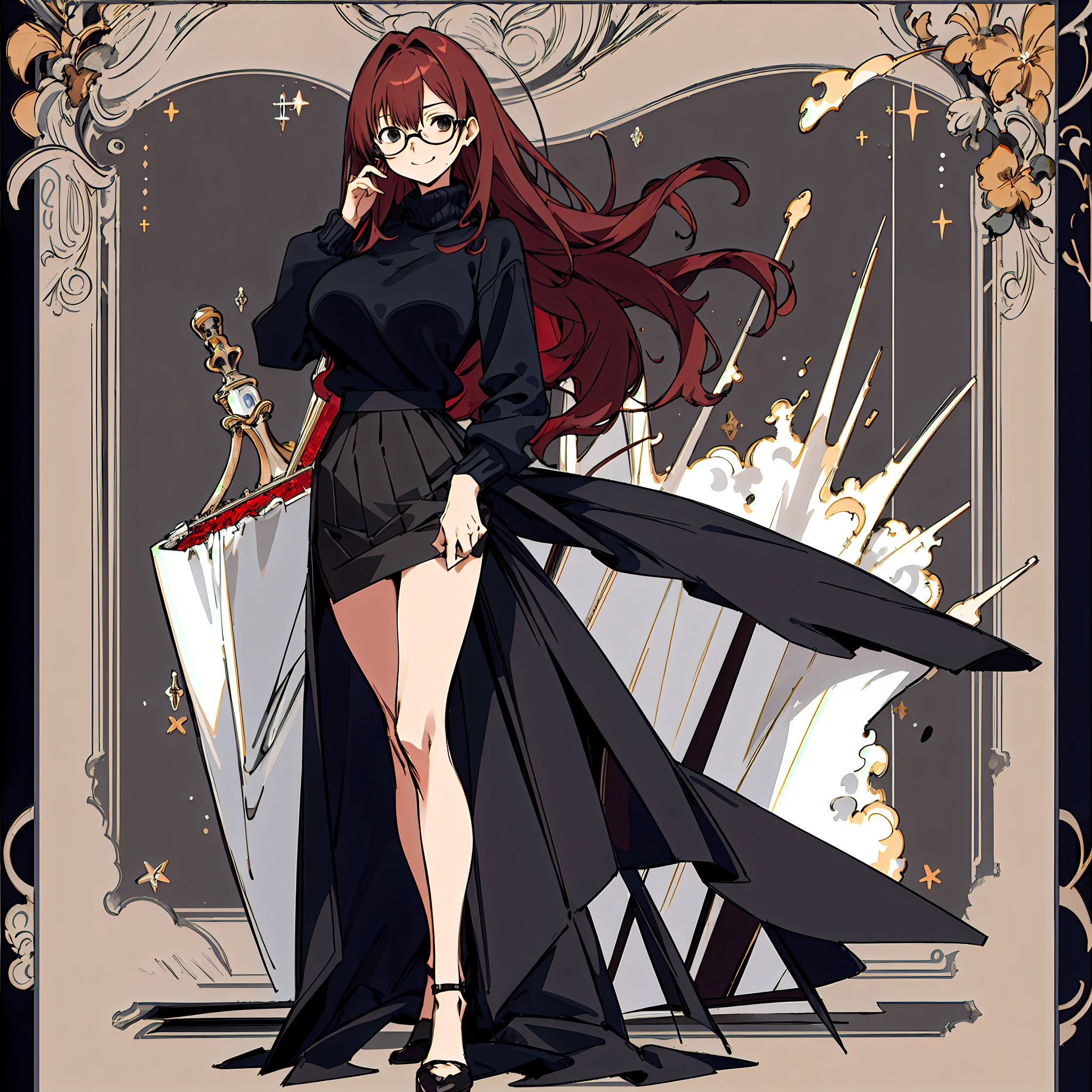 Full body like,Single female,A disgruntled wife who is 1.8 meters tall,There is a tear mole in the left eye,Long hair and hips,brunette color hair,black-frame glasses,Super big breasts,Unintelligent eyes,Expose the sides of the chest,Open-chested skinny sweater,House parent skirt,Gentle, kind, fraternal, sexy wife,A lewd smile,detail-rich,illustration,CG anime,quadratic element(Optimal image quality,tmasterpiece,sexual appetite)