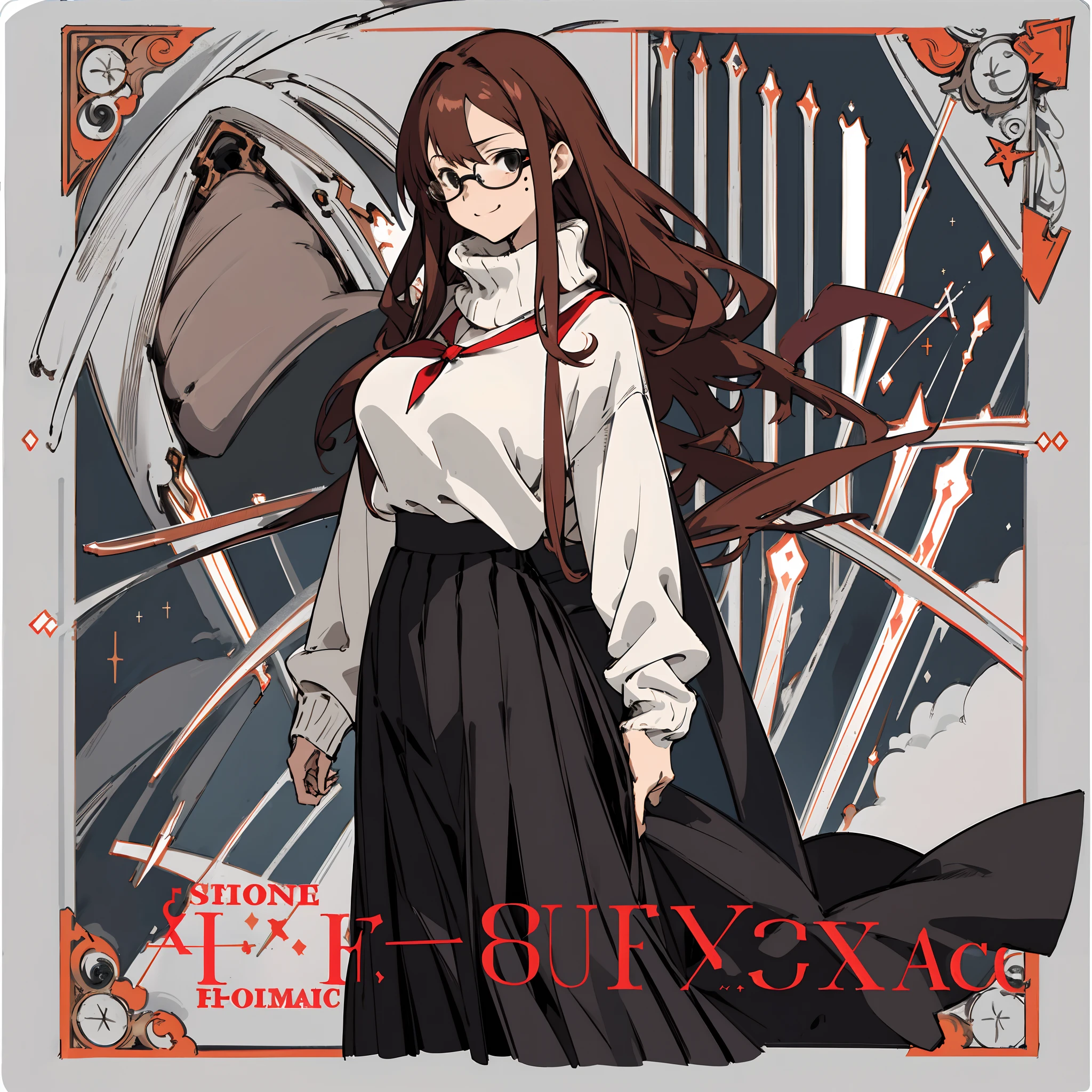 Full body like,Single female,A disgruntled wife who is 1.8 meters tall,There is a tear mole in the left eye,Long hair and hips,brunette color hair,black-frame glasses,Super big breasts,Unintelligent eyes,Expose the sides of the chest,Open-chested skinny sweater,House parent skirt,Gentle, kind, fraternal, sexy wife,A lewd smile,detail-rich,illustration,CG anime,quadratic element(Optimal image quality,tmasterpiece,sexual appetite)