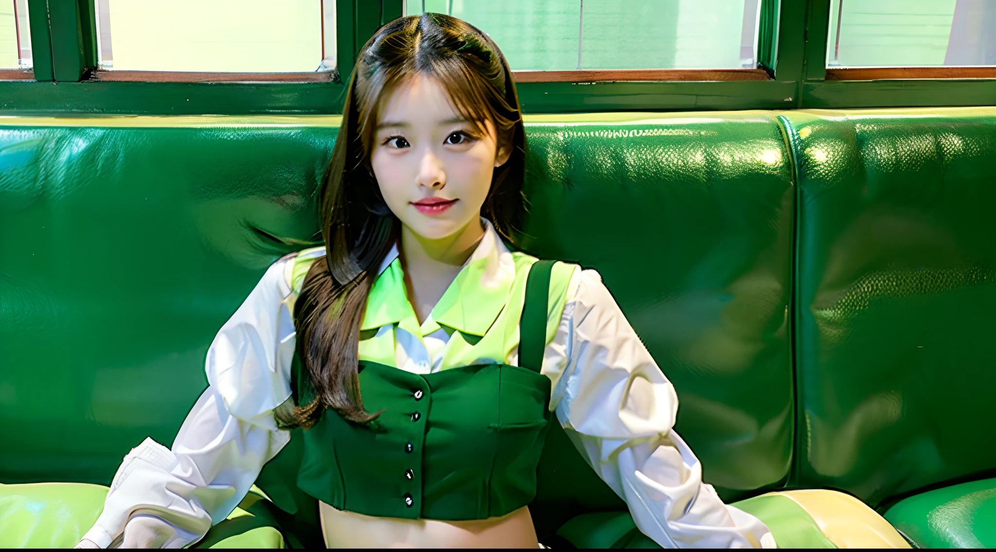 18-year-old waitress in green miniskirt