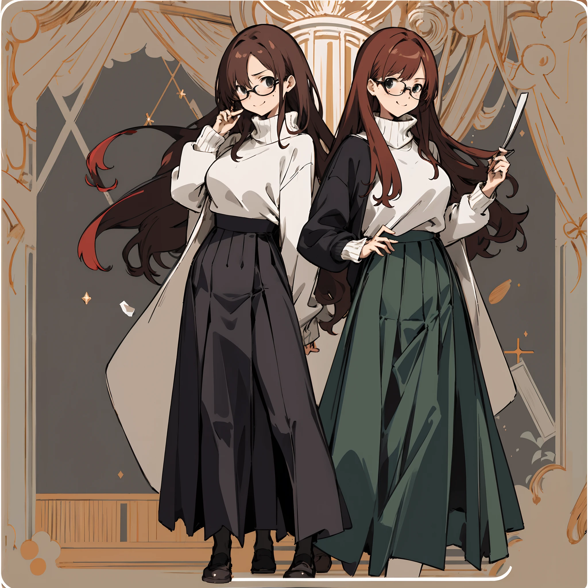 Full body like,Single female,A disgruntled wife who is 1.8 meters tall,There is a tear mole in the left eye,Long hair and hips,brunette color hair,black-frame glasses,Super big breasts,Unintelligent eyes,Expose the sides of the chest,Open-chested skinny sweater,House parent skirt,Gentle, kind, fraternal, sexy wife,A lewd smile,detail-rich,illustration,CG anime,quadratic element(Optimal image quality,tmasterpiece,sexual appetite)
