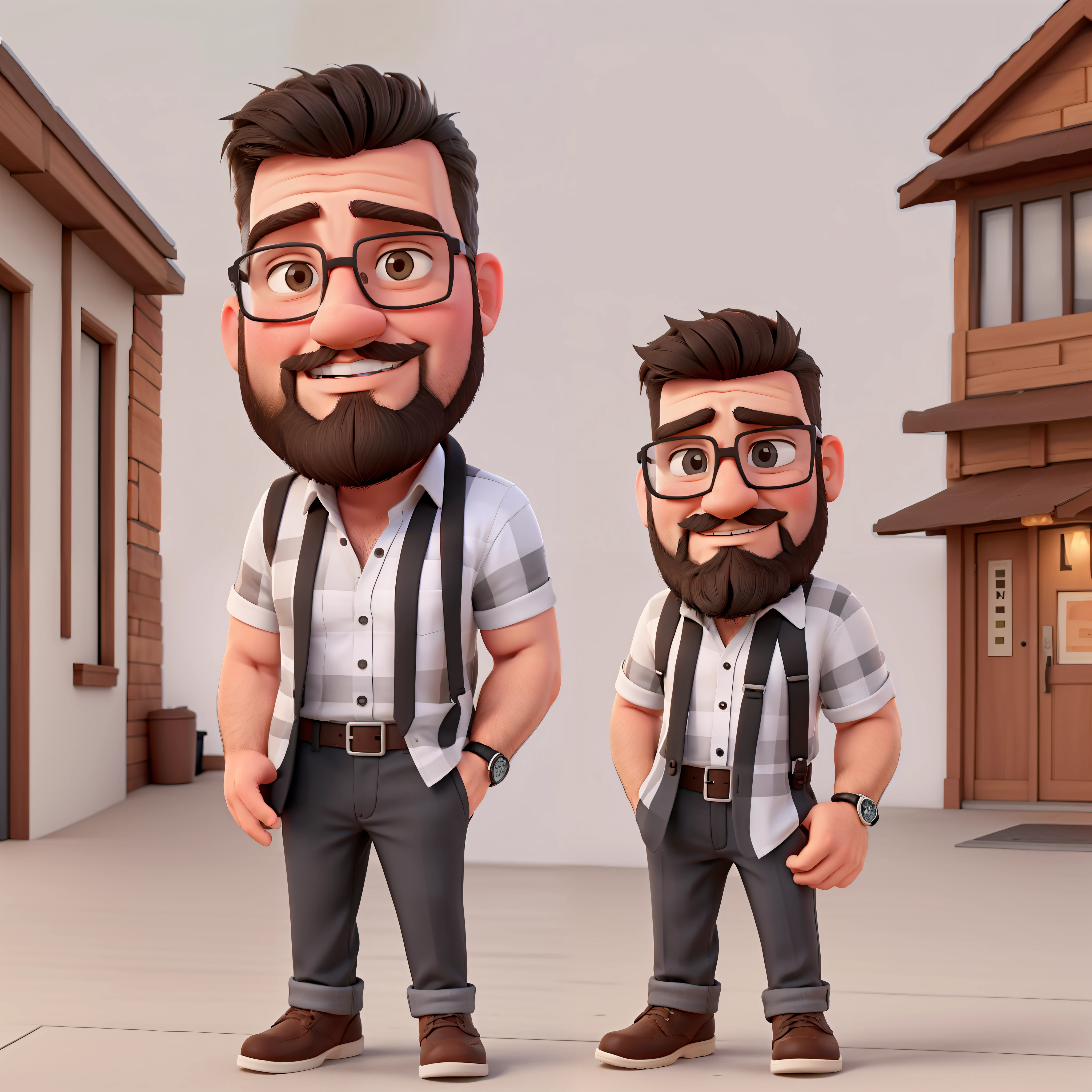 White man with glasses and small beard, beard done, short beard, black top, black hair, wearing a gray plaid shirt, full body, hand in pocket, chibi, on the street