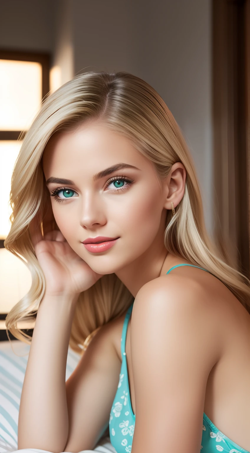 A young and beautiful woman, coiffed blonde hair，Gently drop to your shoulders in waves, Medium Tall, Big green eyes, with fair skin, She was in her pajamas, She was in bed, Do hair care before bedtime, The environment is illuminated by warm and pleasant lights，Make your hair sparkle, His face was naturally serene, Lips with red lipstick, 8K texture, highly  detailed, realisticlying, Soft cinematic light, hdr, sharp fokus, tmasterpiece, Fotor is realistic, Award-winning photography, a Canon EOS R5, 35 mm